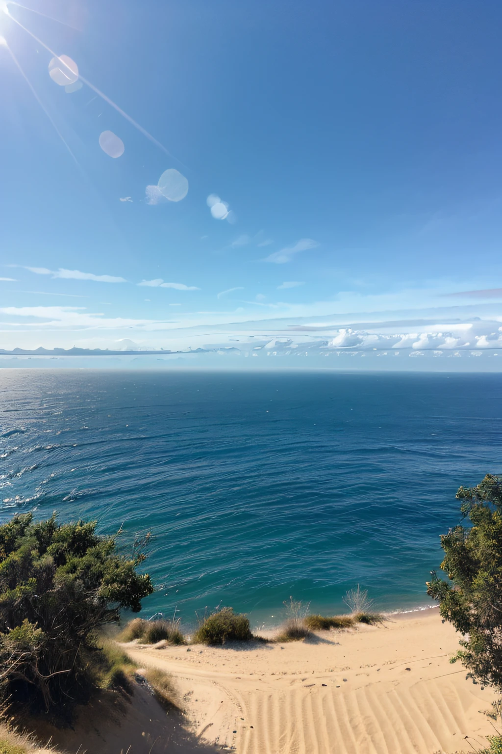 crie uma paisagem com o ponto de vista partindo do alto de uma colina, With a sea background with a very blue sky without clouds, uma imagem hiper realista 8k