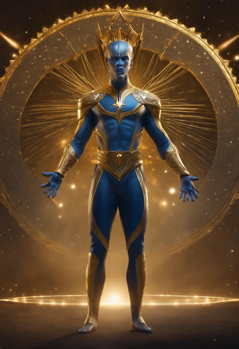 Tall Male Alien, esguio, roupa branca com bordas cor de ouro, symbol of the Intergalactic Confederation, which is a golden circle with a 6-pointed star, Navi blue skin and golden crowngolden half circle and the 6-pointed star in the middle.