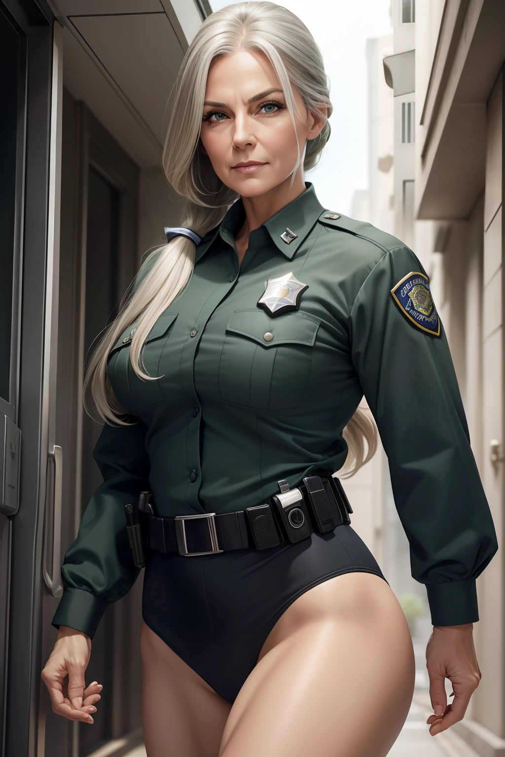 portrait of a 70-year-old woman with long gray hair, seductive gaze, green eyes, some wrinkles on her face, 8k, detailed background, utlra realistic, realism, exta realistic, wrinkles on body, police department background , police office background, police department corridor background, police officer suit, random sexy pose, police officer clothes with high neckline, showing full body, full body, extra small titts, small breasts, looking at viewer from below, light smile, teeth indoors,soft lighting, extreme detail, hdr, long ponytail hair, ((very fit female athletic sexy muscle body))