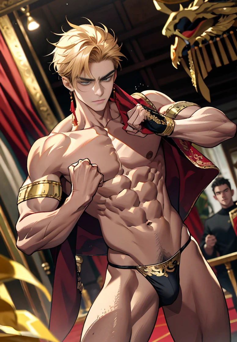 Inside the Golden Palace,Accompanied by a golden dragon,The dragon accompanied the boy,Hot age flesh, A meticulous face,Handsome face,18 year old young beautiful man,Handsome guy,Muscle Junior,Tall figure,Eight-pack abs,Broad pectoral muscles,Bare thighs,Only thongs,low waist thong,Sexy thongs,Men's tong,Clench your fists,The expression is fierce,The eyes are fierce,Launch an attack,fistfight,fights,Fight,Initiate a battle