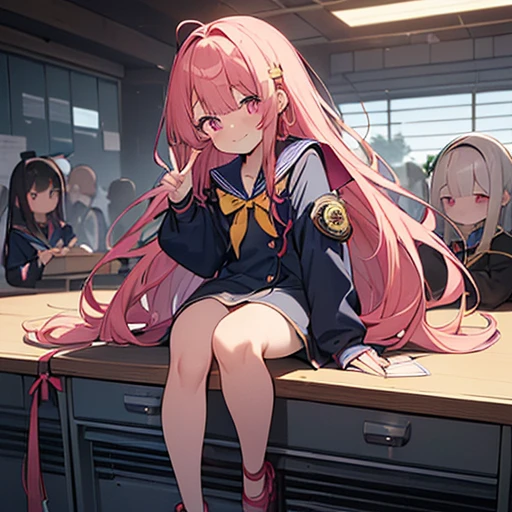 ((NSFW100))、((illustratio))、((((Do not tie hair))))、(((Unkempt cherry-colored long hair)))、(((Pink eyes)))、(((Yellow crescent-shaped badge on bangs)))、(((full body seen)))、(((Navy blue sailor suit jacket with red string ribbon)))、Purple transparent ruffles at the end of the black pleated skirt、tights、(((Sit at a work desk with your legs open)))、(((Peace sign with right hand)))、(Flushed cheeks)、((Small udder))、((Flat udder))、Grinning with an arrogant expression、