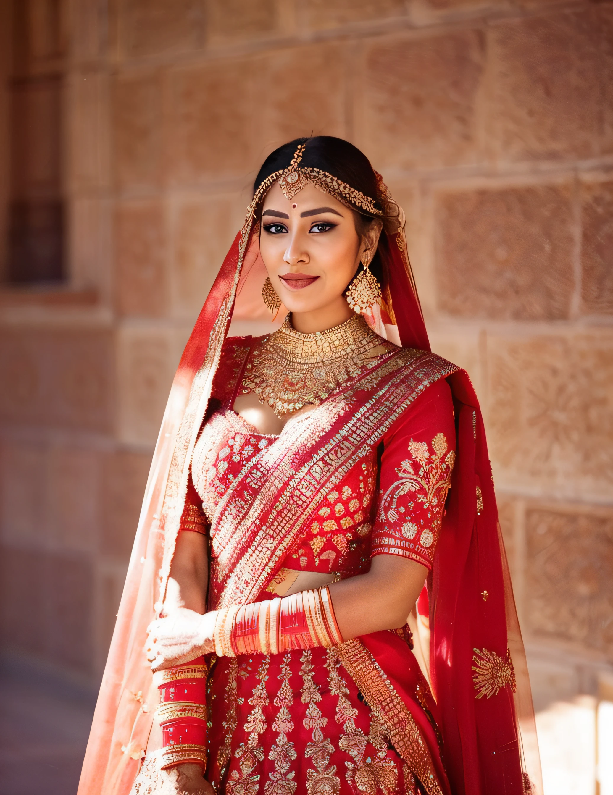 a woman in a red and gold bridal dress poses for a picture, traditional beauty, traditional, with intricate details, wearing red attire, dramatic smile pose intricate, very beautiful enga style, red and golden color details, intricate outfit, wearing intricate, very extremely beautiful, gorgeous woman, indian super model, extremely intricate, indian empress, indian style, traditional makeup, very beautiful woman