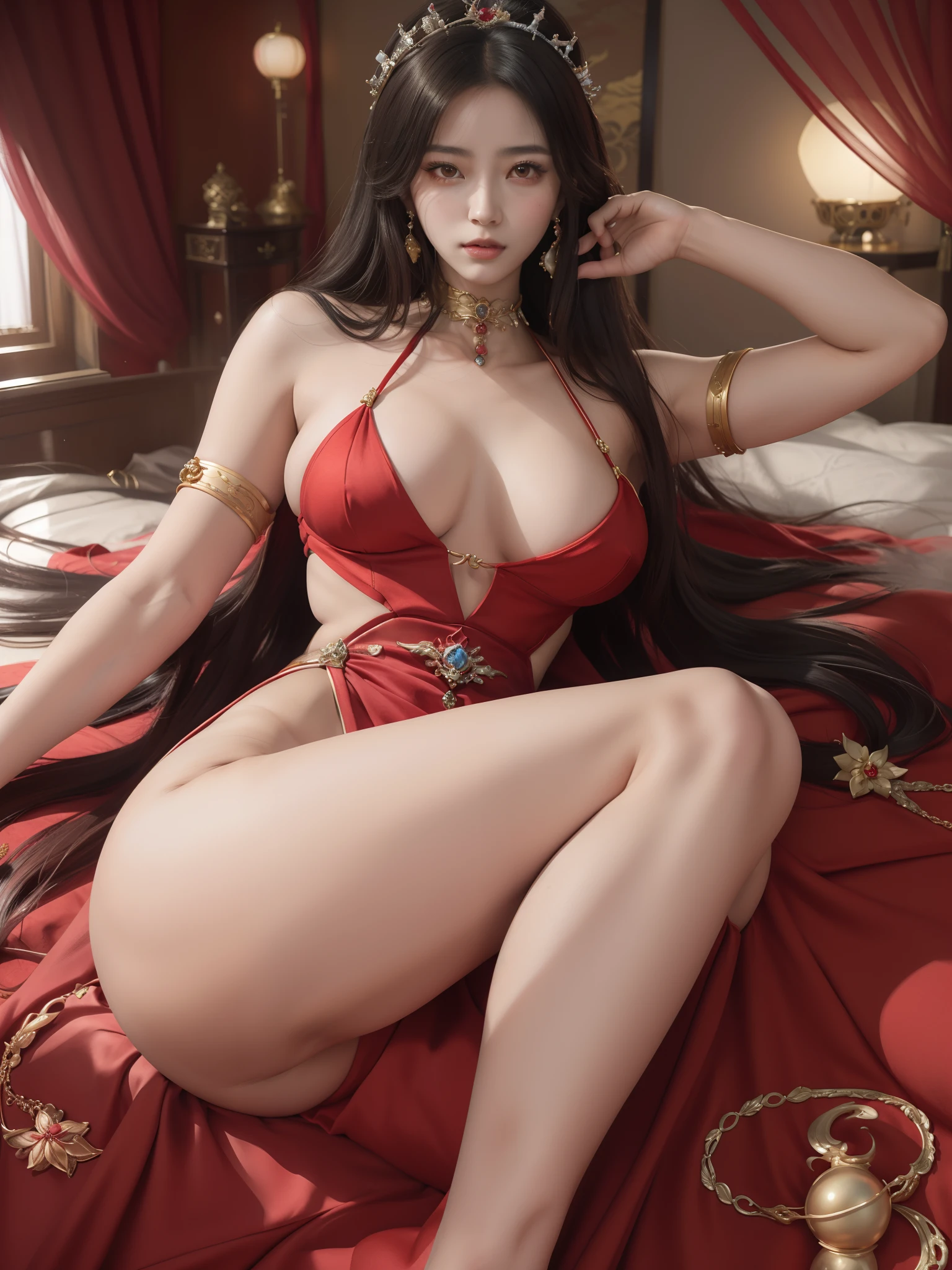 araffe woman in a red dress sitting on a bed, a beautiful fantasy empress, ((a beautiful fantasy empress)), full-body xianxia, beautiful and seductive anime woman, Anime goddess, seductive anime girls, Japanese goddess, 8K high quality detailed art, trending on cgstation, royal elegant pose, cinematic goddess body shot, alluring tipha lockhart portrait