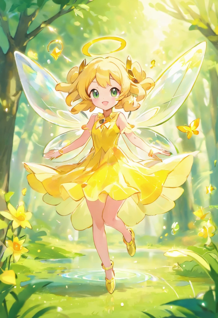 little fairys,The transparent wings of the little fairy,Flying,Yellow dress,,Full body like,Meadow woods,(refractions,Reflection:1.3),Scratch the surface,Faraway view,Long shots
