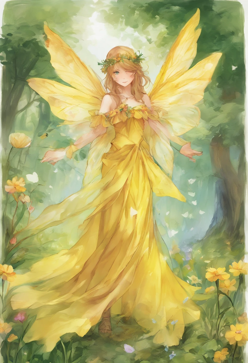 little fairys，The transparent wings of the little fairy，Flying，Yellow dress，，Full body like，Meadow woods，(refractions,Reflection:1.3)，Scratch the surface，Faraway view，Long shots