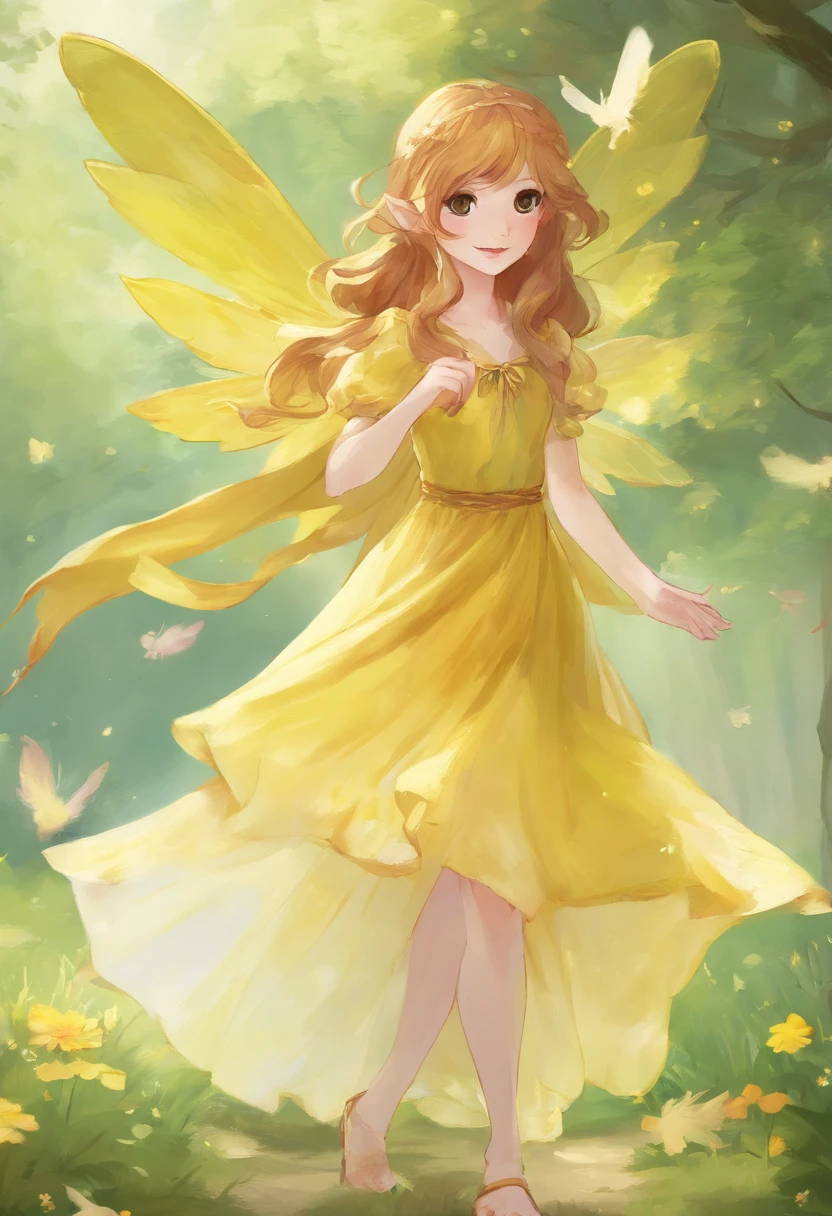 little fairys,The transparent wings of the little fairy,Flying,Yellow dress,,Full body like,Meadow woods,(refractions,Reflection:1.3),Scratch the surface,Faraway view,Long shots