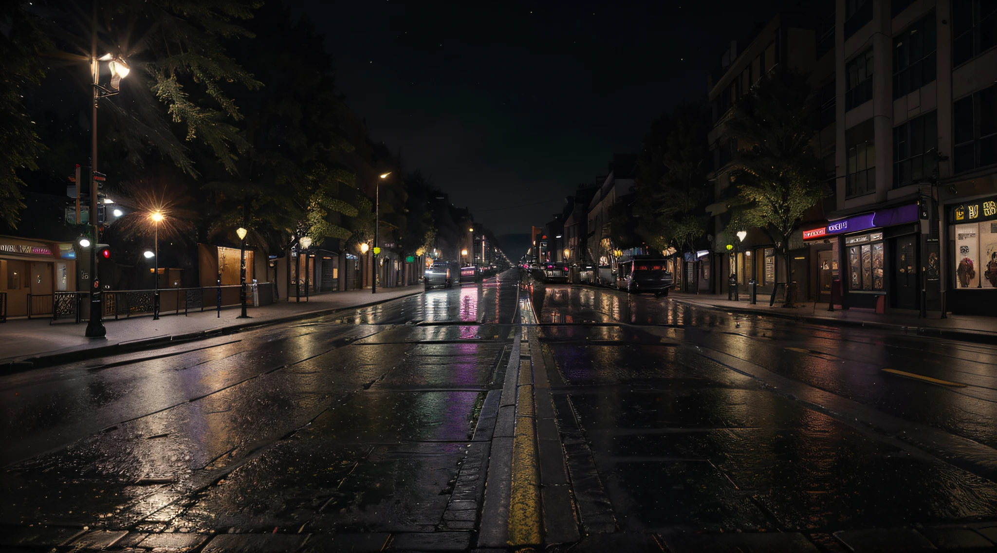A real beautiful shot, a masterpiece, 8k image quality, ultra wide, great image sharpness with very high details, on the street, dark night air, wet asphalt, two street corners with beautiful trees and luxury pedestrian lights, with light and shadows Purple, red and green lights with Christmas trees 2024
