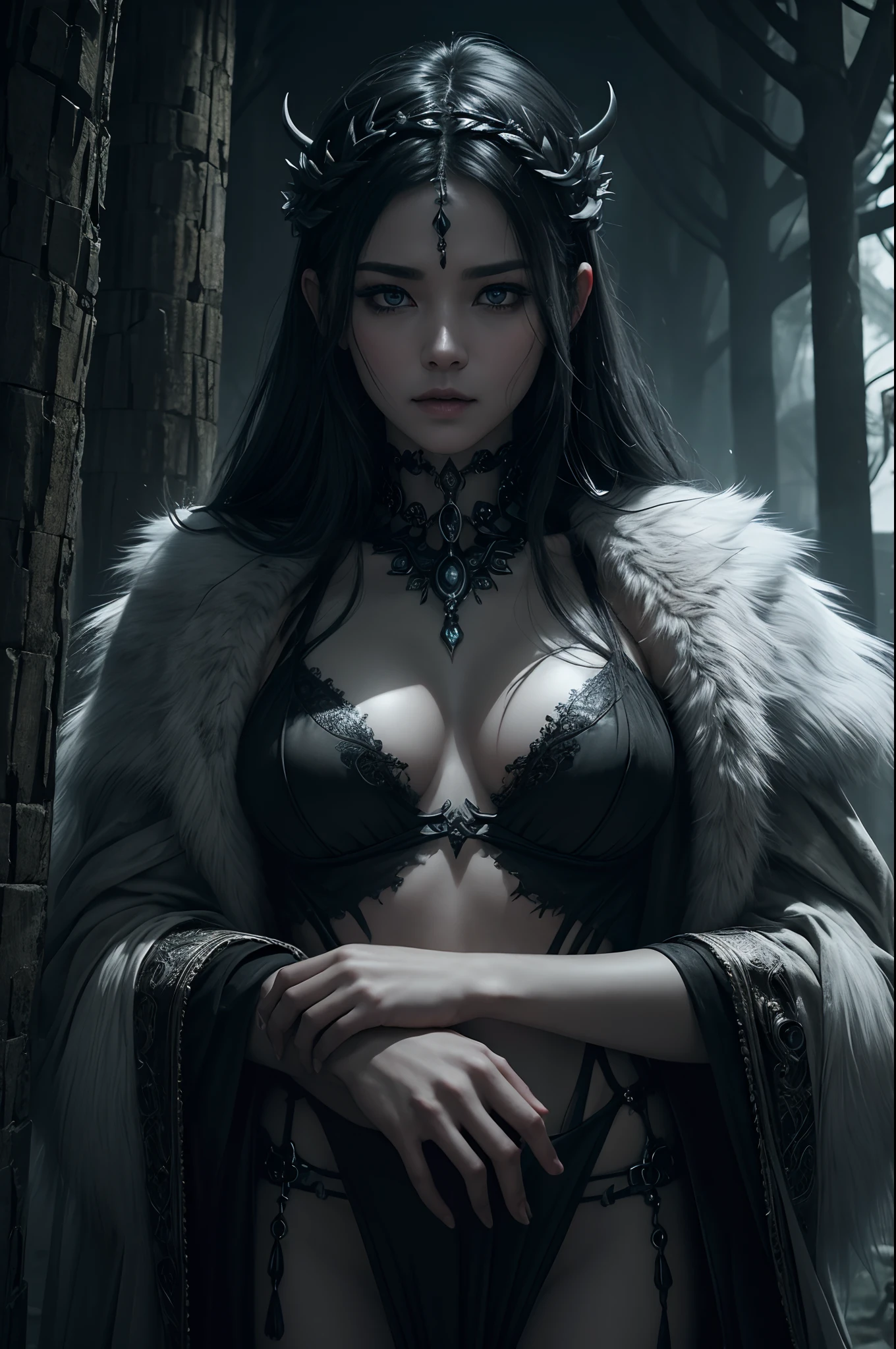 8K,(((Goddess of Death in the Underworld)))、Trees and leaves on the body、Gray cracked skin、banya、Devil's Eye、natural skin textures、Natural fur texture、24mm、4k texture、Soft Cinematigraphs、Adobe Lightroom、PhotoLab、HDR、Convoluted、elegent、ighly detailed、foco nítido、((((Cinematic Look))))、Calm tones、Insane details、intricate detailes、ultra-detailliert、Low contrast、Soft Cinematic Lights、dim colors、exposure blend、HDR、Faded,Evil mouth,