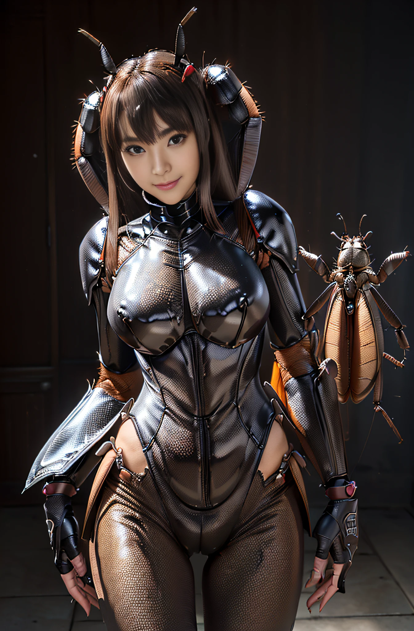 (high resolution,masterpiece,best quality,extremely detailed CG, anime, official art:1.4), realistic, photo, amazing fine details, all intricate, gloss and shiny,awesome many layers, 8k wall paper, 3d, sketch, kawaii, illustration,( solo:1.4), perfect female proportion,villainess, (fusion of dark brown cockroach and lady:1.4), (brown cockroach form lady:1.2), (brown cockroach lady:1.2), (fusion:1.2), (solo:1.4), (evil smile:1.2), muscular, abs, (cockroach brown exoskeleton bio insect suit:1.4), (cockroach brown exoskeleton bio insect armor:1.2), (brown transparency cockroach wing:1.4), (brown cockroach antennae:1.3),