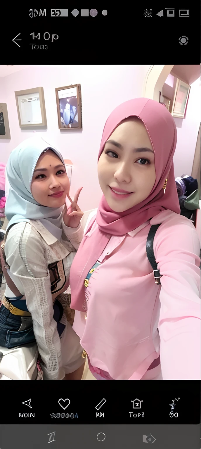 there are two women posing for a picture in a room, scandy and arender, her friend, with godray, happy friend, with ivy, wpol and sarasti, hijab, sie boob, with her long, old picture, with accurate face, with lovely look, malaysian, very beautiful, very very beautiful, with kind face, with wart