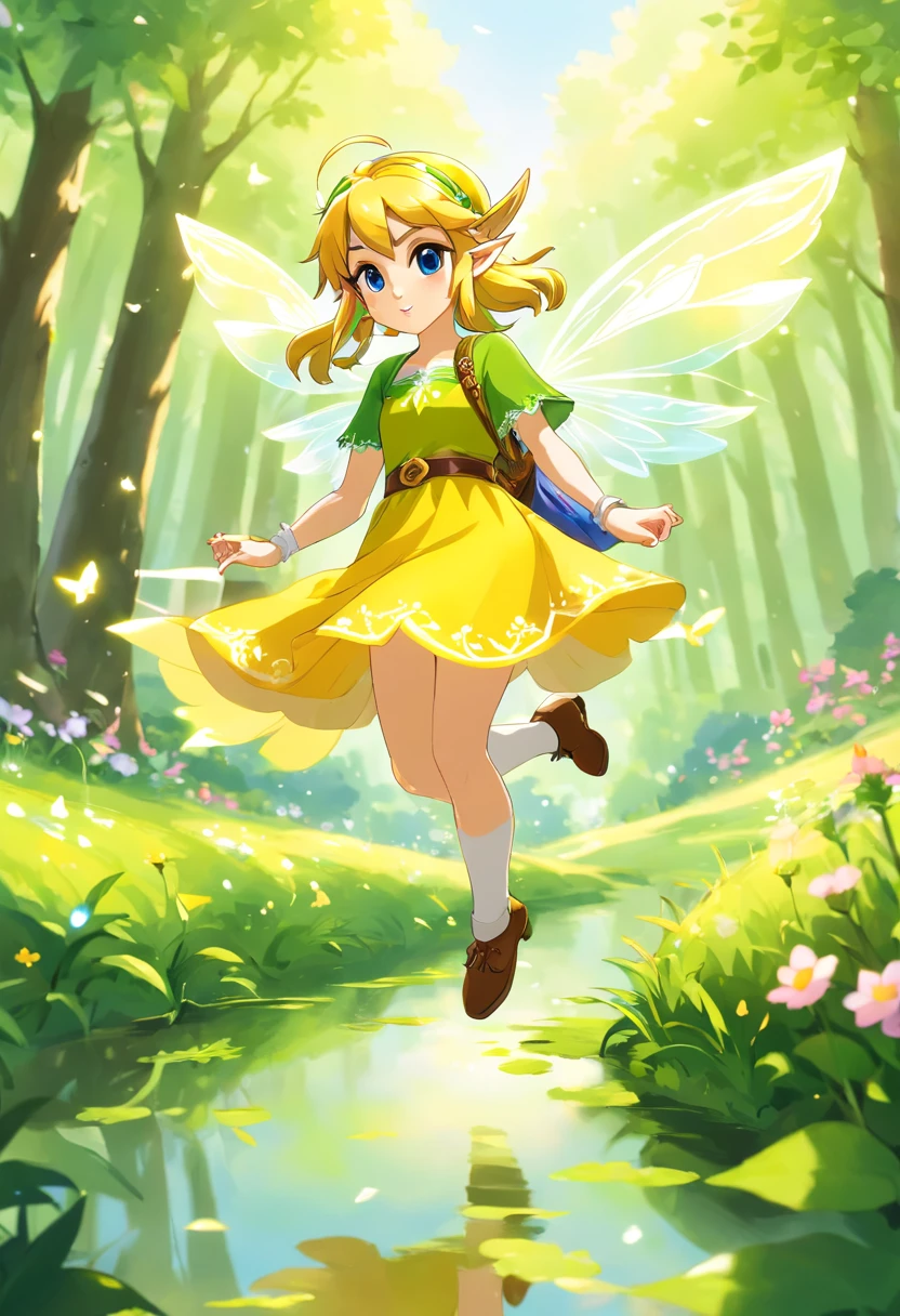 little fairys，The transparent wings of the little fairy，Flying，Yellow dress，，Full body like，Meadow woods，(refractions,Reflection:1.3)，Scratch the surface，Faraway view，Long shots