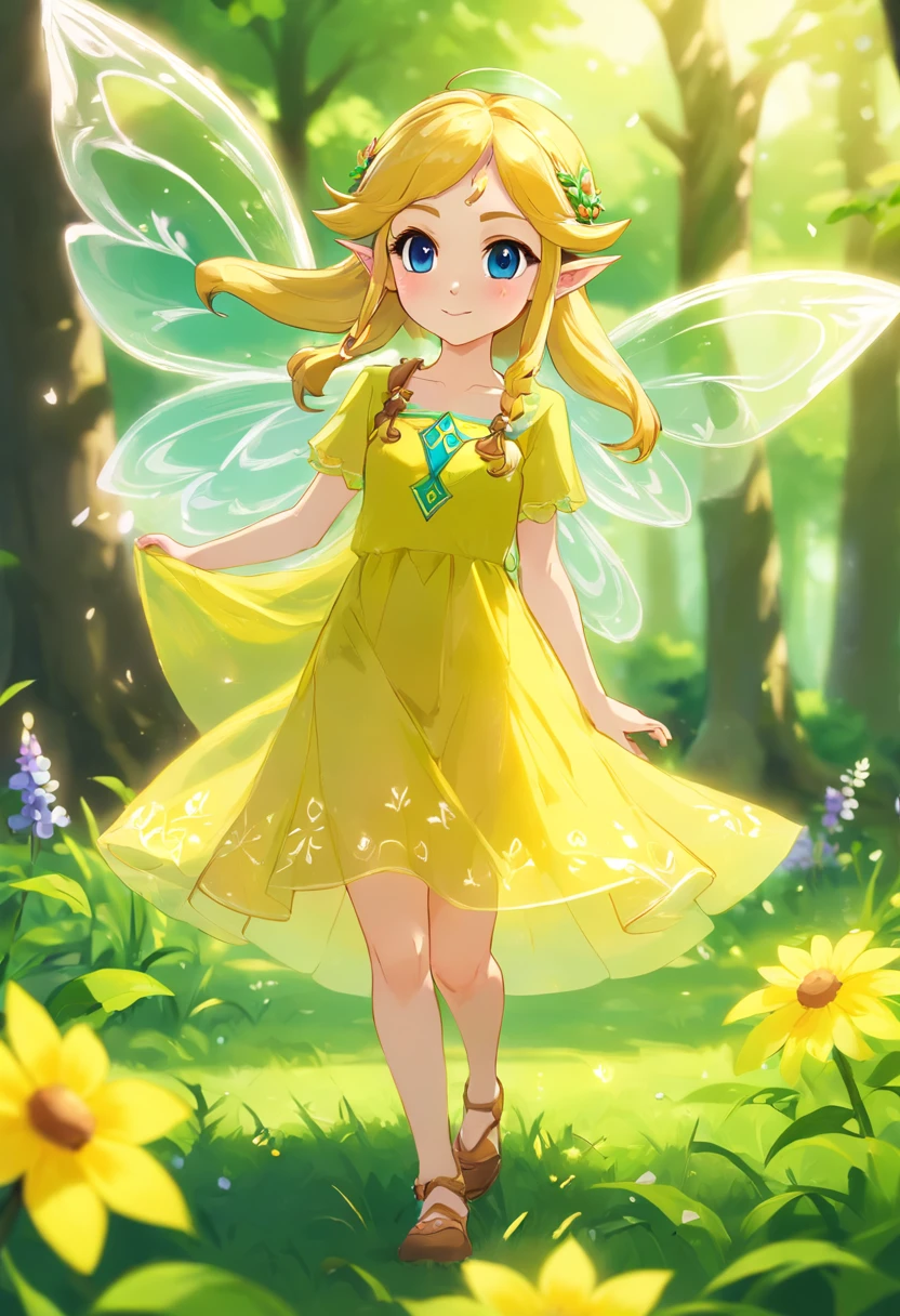 little fairys，The transparent wings of the little fairy，Flying，Yellow dress，，Full body like，Meadow woods，(refractions,Reflection:1.3)，Scratch the surface，Faraway view，Long shots