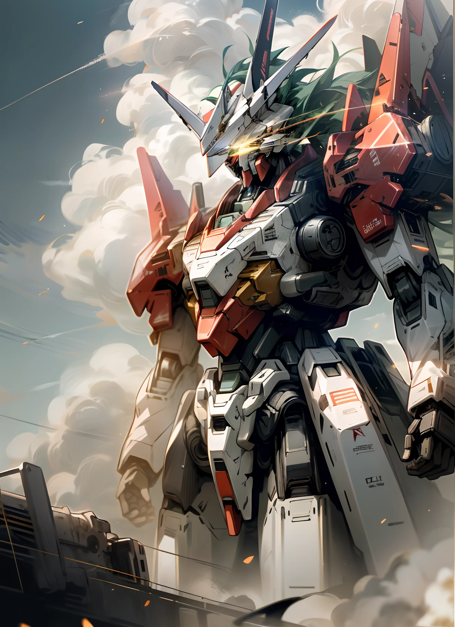 Skysky,clouds,Hold the weapon,No_Humanity,with light glowing,,droid,buliding,Glowing_Eyes,Mecha,scientific fiction,城市,Realistis,Mecha,High-burning battle scenes,gundam style,An epic masterpiece,realisticlying,in a panoramic view
