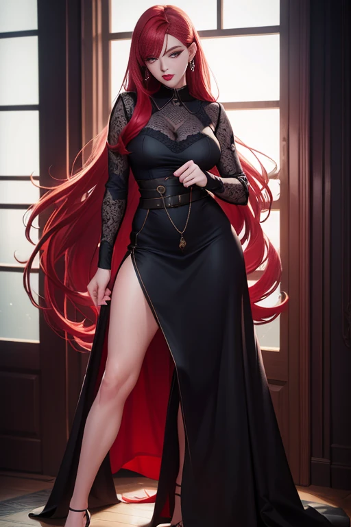 photograph, Professional Full Body, (detailed faces and eyes:1.4), women's pictures, makeup, earrings, Dark lipstick, Parted lips, Sharp Focus, Insanely sharp details, Extremely detailed, 4K HQ, 8K, depth of fields, F/1.2, Leica, 8K HDR, High contrast, Advanced retouching, shadowy, Bokeh, awardwinning photo, Best Photographers、Woman with straight long hair and red lipstick, ekaterina, 30 year old female,Red-haired、military outfits、