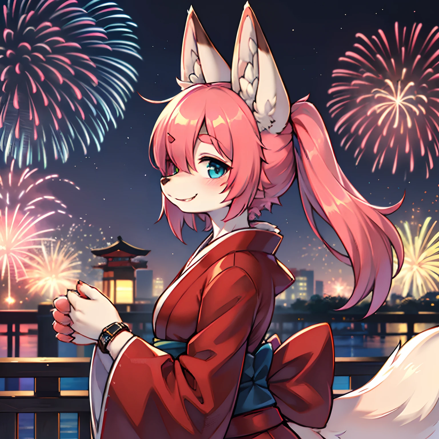 furry, There's one woman., full entire body, Fur Details, Foxtail, fox ears, Pink skin fur, hair(long, Hair is straight and fluffy.), pink hair, Heterochromia(Side one, red.., One eye is blue...), Gorgeous personality, red face, Smiling mouth, japan, shirt(kimono), Watch the fireworks, Side View,