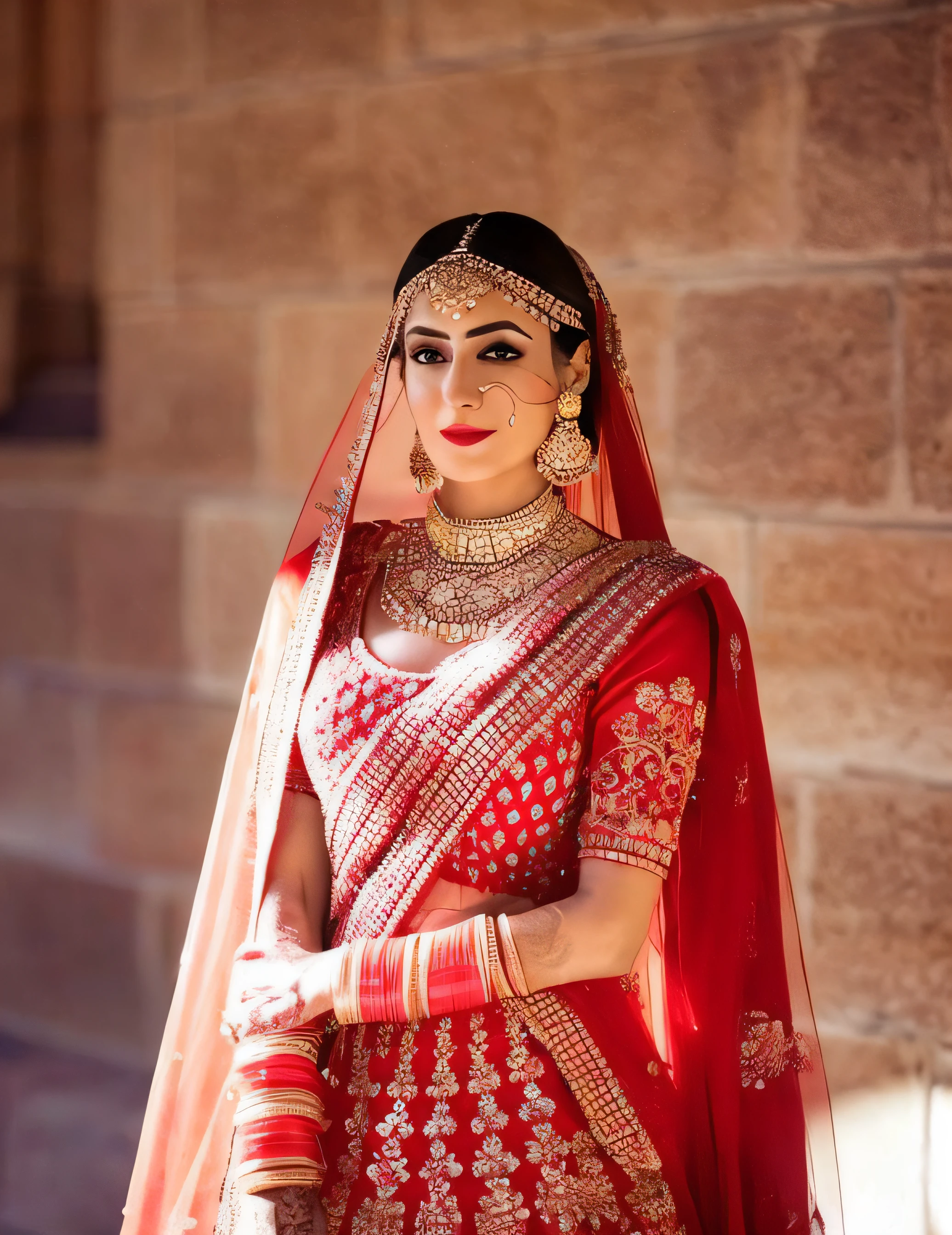 a woman in a red and gold bridal dress poses for a picture, traditional beauty, traditional, with intricate details, wearing red attire, dramatic smile pose intricate, very beautiful enga style, red and golden color details, intricate outfit, wearing intricate, very extremely beautiful, gorgeous woman, indian super model, extremely intricate, indian empress, indian style, traditional makeup, very beautiful woman