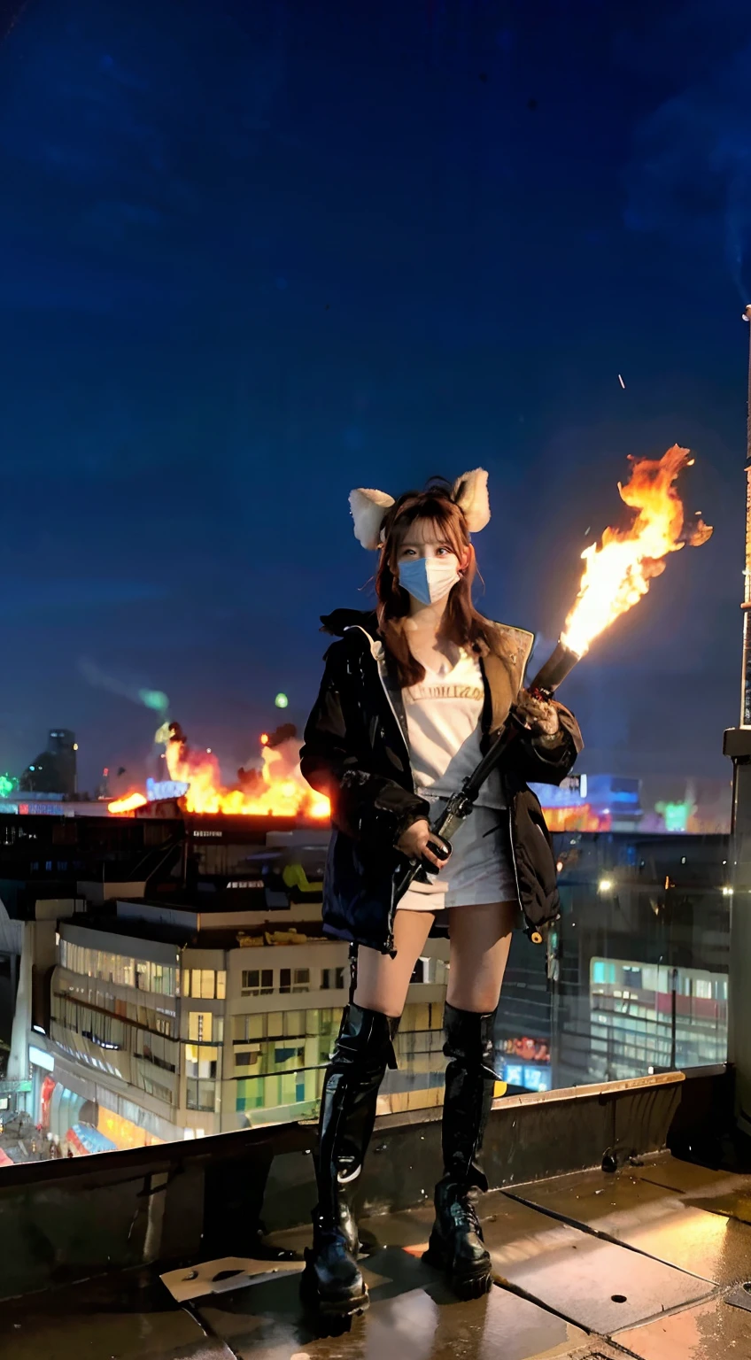 Ein junges, naughty girl, with long blonde braids, wears a unicorn hooded costume and holds a flamethrower in his hands.