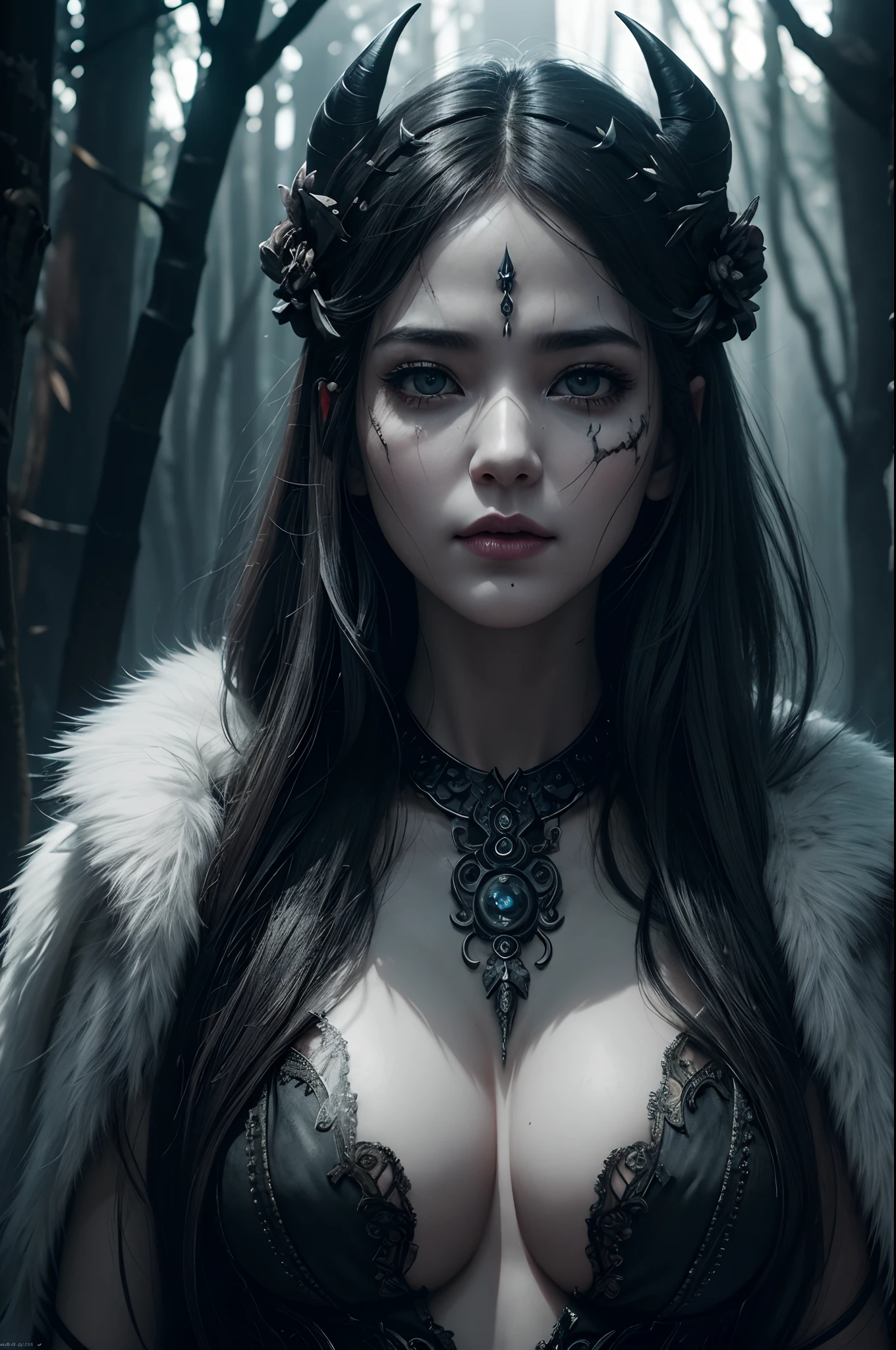 8K,(((Goddess of Death in the Underworld)))、Trees and leaves on the body、Gray cracked skin、banya、Devil's Eye、natural skin textures、Natural fur texture、24mm、4k texture、Soft Cinematigraphs、Adobe Lightroom、PhotoLab、HDR、Convoluted、elegent、ighly detailed、foco nítido、((((Cinematic Look))))、Calm tones、Insane details、intricate detailes、ultra-detailliert、Low contrast、Soft Cinematic Lights、dim colors、exposure blend、HDR、Faded,Evil mouth,