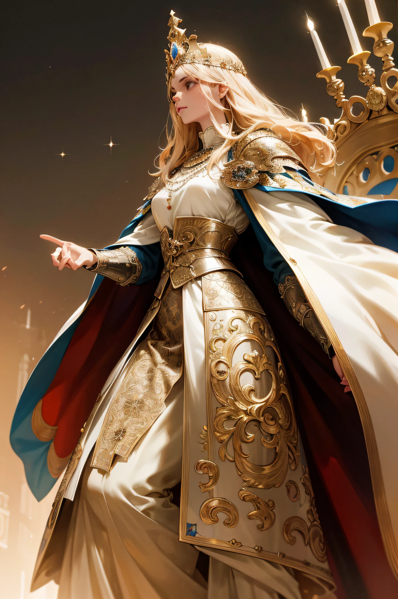 (best quality,4k,Altas,master part:1.2),Mulher,Rainha,armadura de prata,armadura ornamentada,coroa de ouro,longos cabelos loiros,armadura cintilante,espada longa,espada detalhada,espada adornada,Regal Pose,olhar forte,Castelo pano de fundo,Trono Real,arredores opulentos,pearls necklace,fino artesanato,Royal insignia,imposing presence,paleta de cores rica,estatura impressionante,passo oscilante,rolamento nobre,Fundo majestoso,Gravuras elaboradas,Projetando sombras,figura imponente,detalhamento imaculado,Destaques brilhantes,Subtle Reflections,coManaging Presence,grandiose scenery,exquisite attention to detail,Aura luminosa,striking composition,joias brilhantes,fierce expression,illusion of motion,aura poderosa,historical setting,espada bejeweled,traje real,Aristocratic elegance,aura de autoridade,Inflexible force,CoManédando Aura,Linhagem nobre,captivating presence,CENTER of ATTENTION,semblante severo,Cabo cintilante,figura dominante