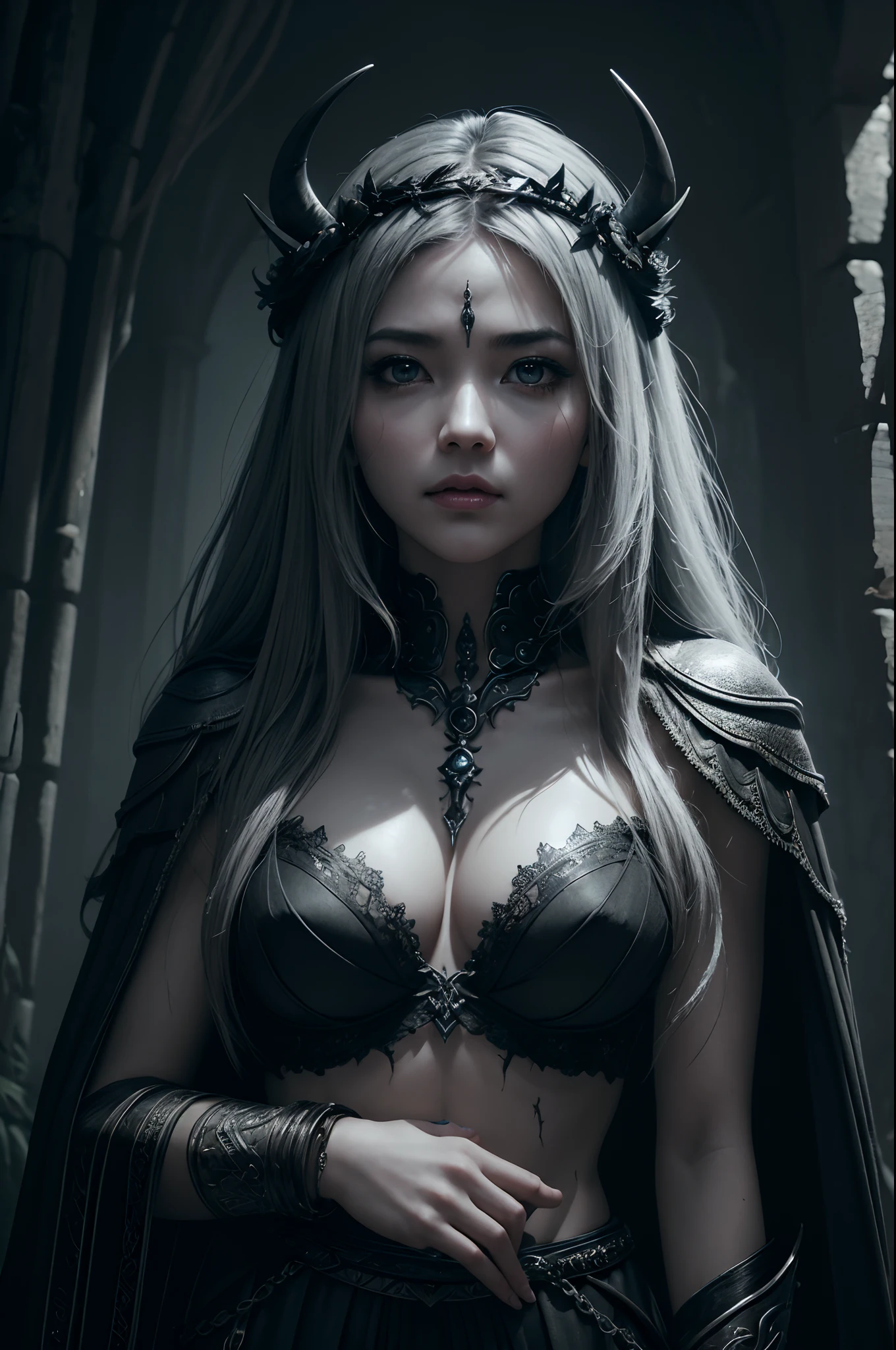 8K,(((Goddess of Death in the Underworld)))、Trees and leaves on the body、Gray cracked skin、banya、Devil's Eye、natural skin textures、Natural fur texture、24mm、4k texture、Soft Cinematigraphs、Adobe Lightroom、PhotoLab、HDR、Convoluted、elegent、ighly detailed、foco nítido、((((Cinematic Look))))、Calm tones、Insane details、intricate detailes、ultra-detailliert、Low contrast、Soft Cinematic Lights、dim colors、exposure blend、HDR、Faded,Evil mouth,