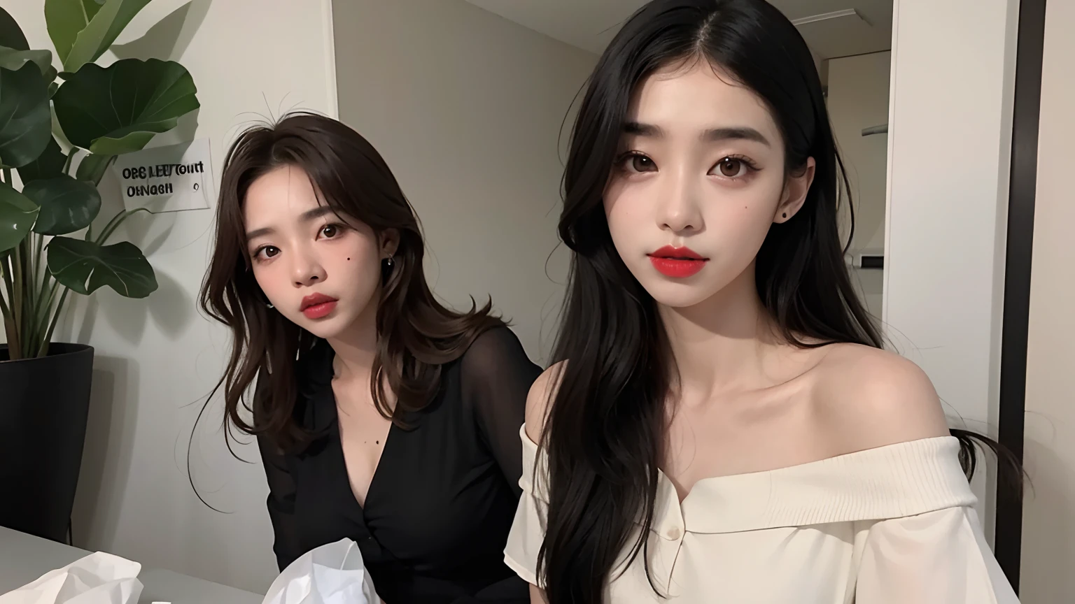 duas mulheres com roupas pretas e brancas posando para uma foto, Ulzzang, maquiagem sul-coreana popular, maquiagem coreana popular, com preto, both have red lips, Xision Wu, Jinyoung Canela, Gongbi, korean face features, foto de perfil, Jaeyeon Nam, 2 d cg |, 🔞🤡, Fotografia selfie 8k, 4 mil ]