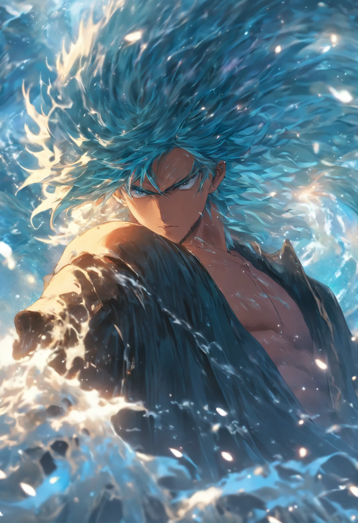 (Masterpiece), (best qualtiy), Cinematic quality,rendering by octane,Ultra-detailed details,1 man,Face of a young man,Detailed portrayal of the face,Perfect facial features,(wave:1.5),Eau,spatter,erupting,Ice crystals,Particle,fluids, gazing, watch audience, A cloak that covers the whole body, (Armed with a death scythe:1.2), (Behind him was a huge water dragon:1.5)