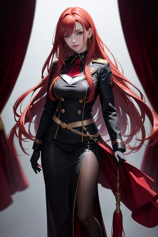 photograph, Professional Full Body, (detailed faces and eyes:1.4), women's pictures, makeup, earrings, Dark lipstick, Parted lips, Sharp Focus, Insanely sharp details, Extremely detailed, 4K HQ, 8K, depth of fields, F/1.2, Leica, 8K HDR, High contrast, Advanced retouching, shadowy, Bokeh, awardwinning photo, Best Photographers、Woman with straight long hair and red lipstick, ekaterina, 30 year old female,Red-haired、military outfits、