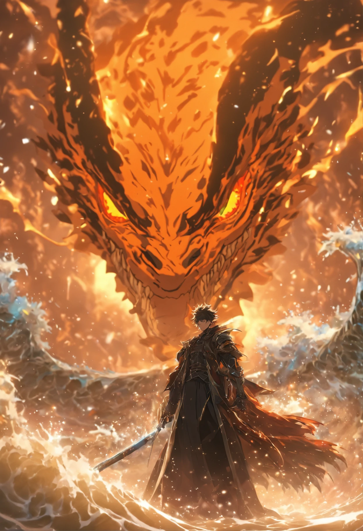 (Masterpiece), (best qualtiy), Cinematic quality，rendering by octane，Ultra-detailed details，1 man，Face of a young man，Detailed portrayal of the face，Perfect facial features,(wave:1.5)，Eau，spatter，erupting，Ice crystals，Particle，fluids， gazing, watch audience, A cloak that covers the whole body,  (Armed with a death scythe:1.2), （Behind him was a huge water dragon：1.5）
