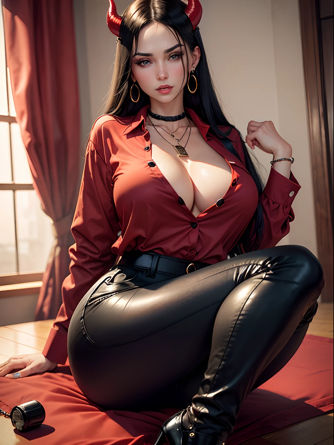 (ultra-detailed,best quality,highres:1.2),BREAK Lotan beautiful caucasian woman with straight long black hair,blue eyes,fair skin,voluptuous,detailed lips and eyes,expressive face,attractive appearance,dragon horns on the head, (black horns), cleavage,
BREAK (red theme:1.4), (tucked out and button-up oversized red collared-shirt with red shirt-hem:1.5), (long sleeves:1.2), ((collarbone, wrist):1.3),
BREAK (black theme:1.2), (black tight long-pants:1.2), (ankle:1.3), (high heels:1.2), ((necklace, earrings):1.2)