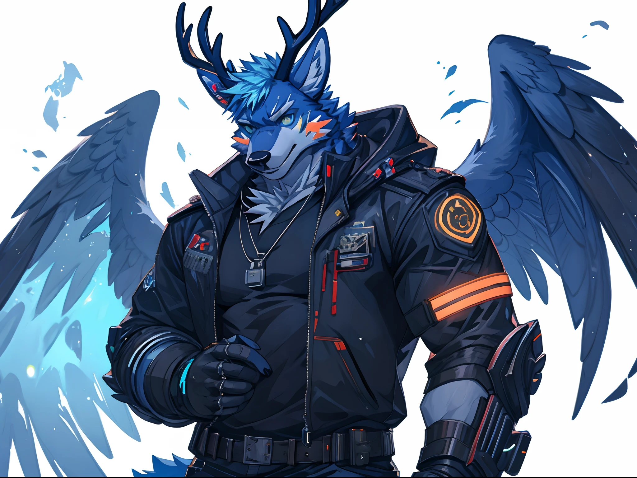 Masterpiece，Best quality，blue colors，coyote，deer antlers，the angel's wings，male people，Blue pupil，cyber punk perssonage，Strong，solo person，neonlight，Handsome