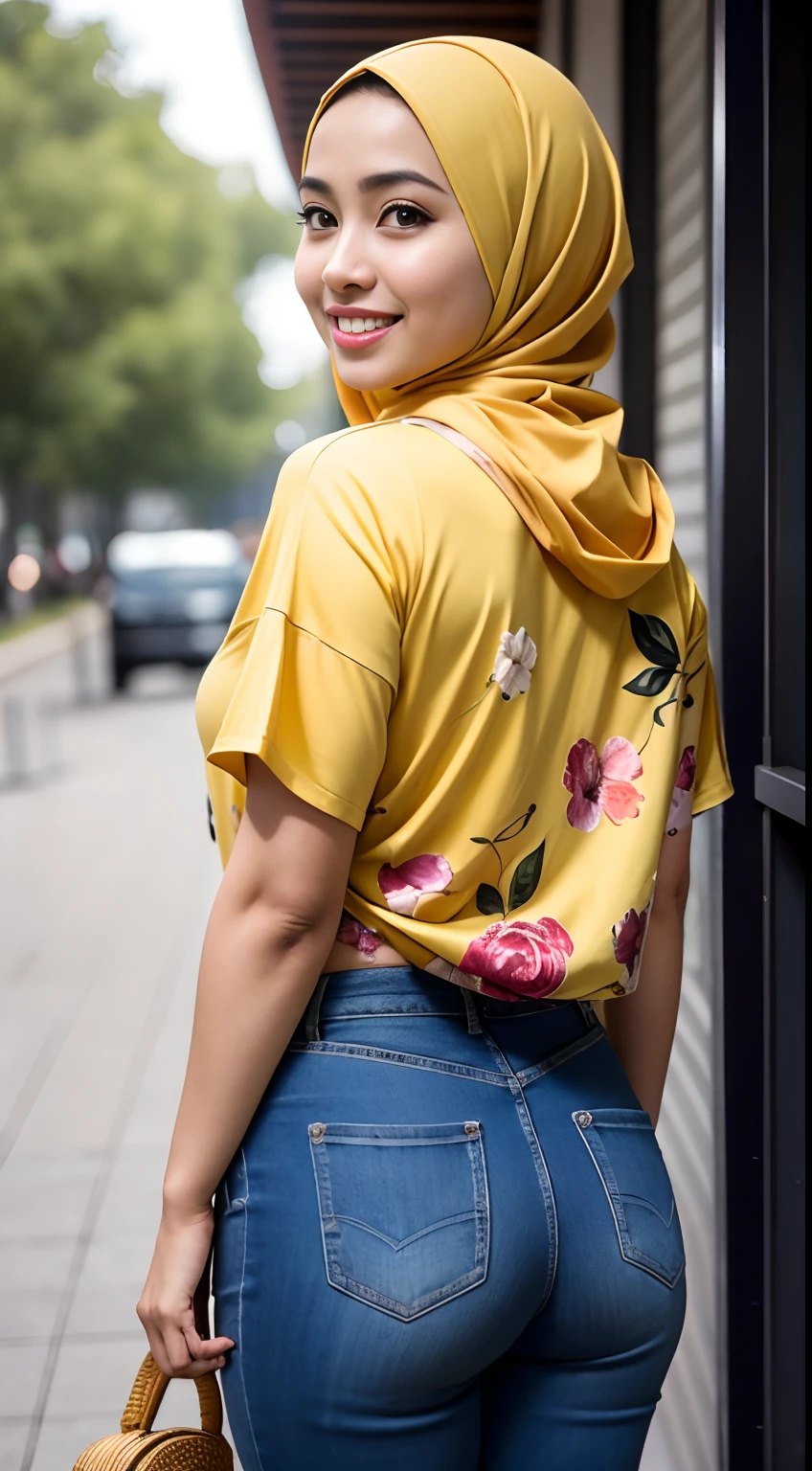 RAW, Best quality, high resolution, Masterpiece: 1.3), Beautiful Malay woman in hijab (iu:0.8),Best quality, high resolution, Masterpiece: 1.3, Beautiful Malay girl in hijab, Masterpiece, Soft smile,high resolution, 4k, HDR, 1 girl, photorealistic, realistic, smiling at the viewer, (big breast),((full body)),close-up, Malay girl in a small floral-patterned Malaysian baju kuning hijab on campus, wearing a backpack, back view, skin detail, skin texture detail, mole under the eye, big hips, waist big, big round buttocks, big thighs, slim belly, beautiful body, evening, smiling, happy, bright lighting, student background, busy campus, blurry background, bokeh,