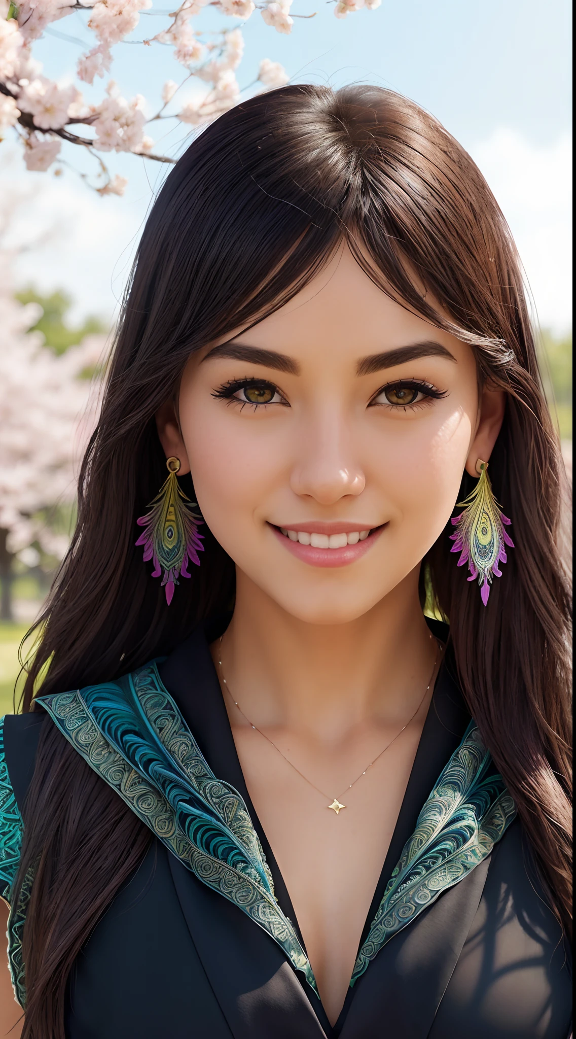 Academic mantle, Academic mantle, falcon, Square cover, Campus, buildings, cherry blossoms, Smiling, 2girls, Detailed uniforms, look at the viewer, (SIGMA 85mm f1.4), Depth of field, bokeh, Detailed photorealistic background, diffused natural sunlight, diffused natural skin glow, facial focus, Extremely detailed, (Abstract background, zentangle, s fractal art:1.3), (lots of flowers, Colorful:1.1), (feathers, petals, Flowers:1.3), earings