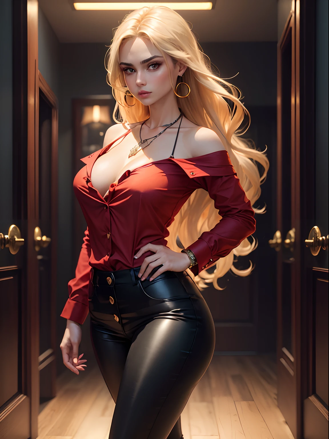 (best quality, 4k, 8k, highres, masterpiece:1.2), ultra-detailed, detailed face, detailed lips and eyes, attractive appearance, expressive face, realistic, BREAK Valerie the Thief beautiful caucasian woman with messy wavy shoulder length blonde hair, 23 years old, ((big eyes)), ((brown eyes)), brown eyebrows, fair skin, lean and athletic, cleavage,
BREAK (red theme:1.4), (tucked out and button-up oversized red collared-shirt with red shirt-hem:1.5), (long sleeves:1.2), ((collarbone, wrist):1.3),
BREAK (black theme:1.2), (black tight long-pants:1.2), (ankle:1.3), (high heels:1.2), ((necklace, earrings):1.2), girl walking down a runway