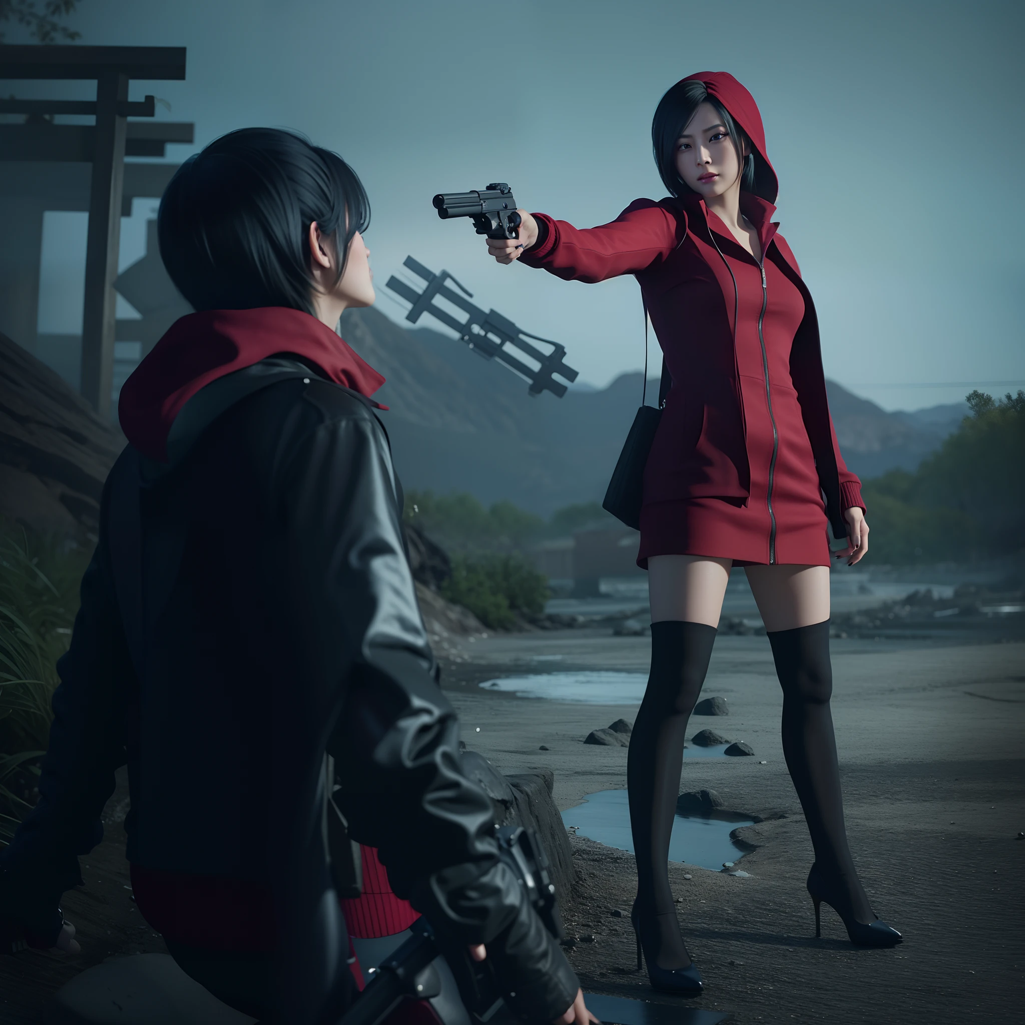 Ada wong, beautiful face, detailed, bob hair, perfect Face, wearing mini red dress hoody, wearing hoody, black nail polish, friendly face, glare, red heels, holding a gun