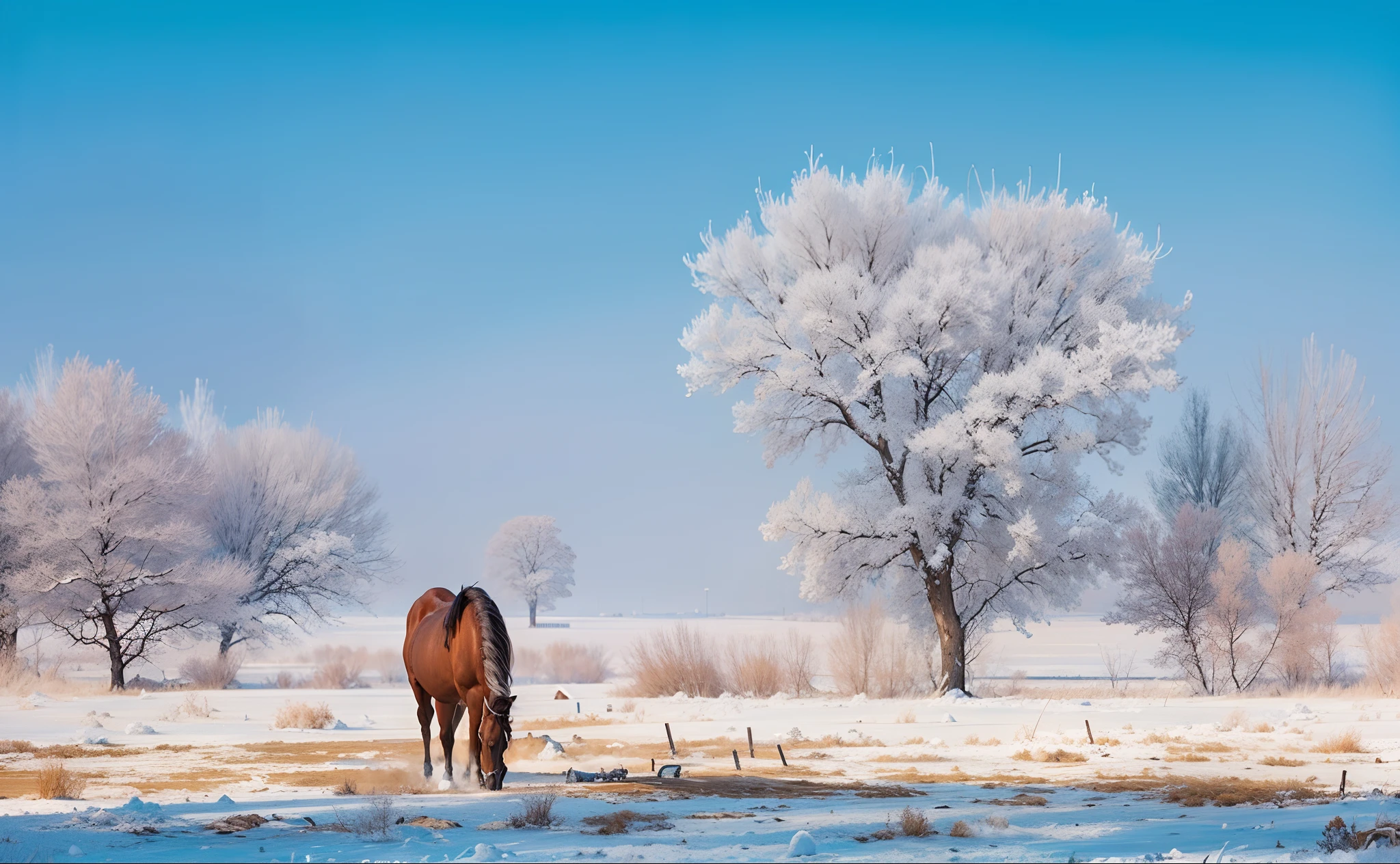 Highest quality,The perfect masterpiece,Perfect artwork,official works,8K,Songhua River rime,beautiful snowy landscape,Horses grazing
