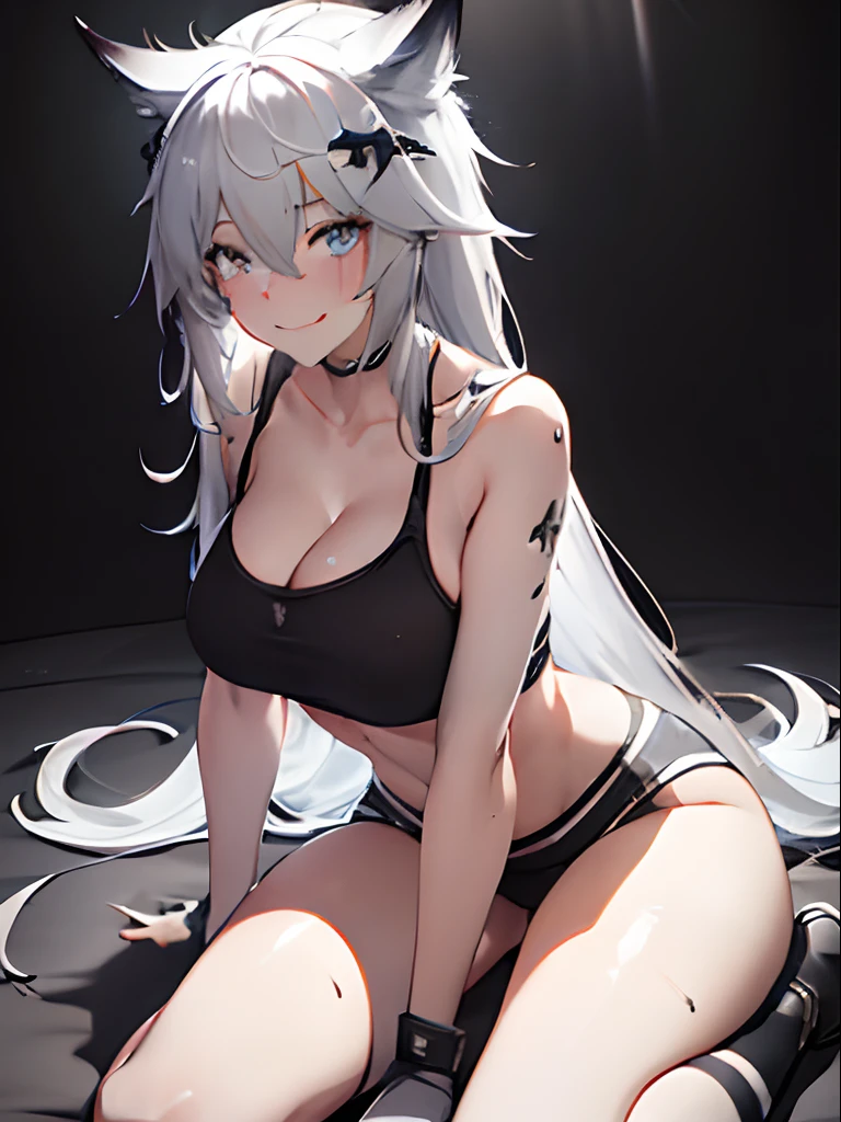 Lappland, Arknights, Perfect Anatomy, White hair, grey eyes, exposed midriff, sports bra, cleavage, leaning forward, looking at viewer, tongue, smile, wet, from above, teasing, flirtatious (best quality, 4k, highres, masterpiece:1.2), ultra-detailed, realistic:1.37, HDR, UHD, studio lighting, extreme detail description, professional, vivid colors, bokeh, portraits, anime style, cool tone, soft lighting, full body, lying on side, thighs