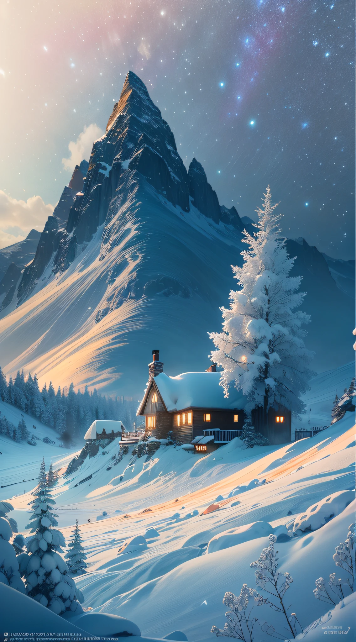 Starry night, (Rime landscape),Snow-capped trees,Frost mist,(Northern Lights), (Towering snow-capped mountains), bonfires,cottage house covered in snow,A snowy hideaway, reindeer,yukito,sled,Winter wonderland,Vibrant colors, clouds,Mist,New Moon,milky ways, Subtle shades of blue,Breathtaking landscapes, Icy cliffs, Frozen lake, peacful, Majestic beauty, ethereal glowing, A miracle of nature, Peaceful solitude, Celestial wonders, vast, Natural phenomena, Silent night, Serene reflection, glittering stars, Mysterious charm (best qualtiy,4K,8K,Tall structures,tmasterpiece:1.2),ultra - detailed,(realisticlying,photoreali,photograph realistic:1.37),hdr,hyper HD,studio lit,Extreme detail description,physically-based renderingt,professinal,Vivid colors。