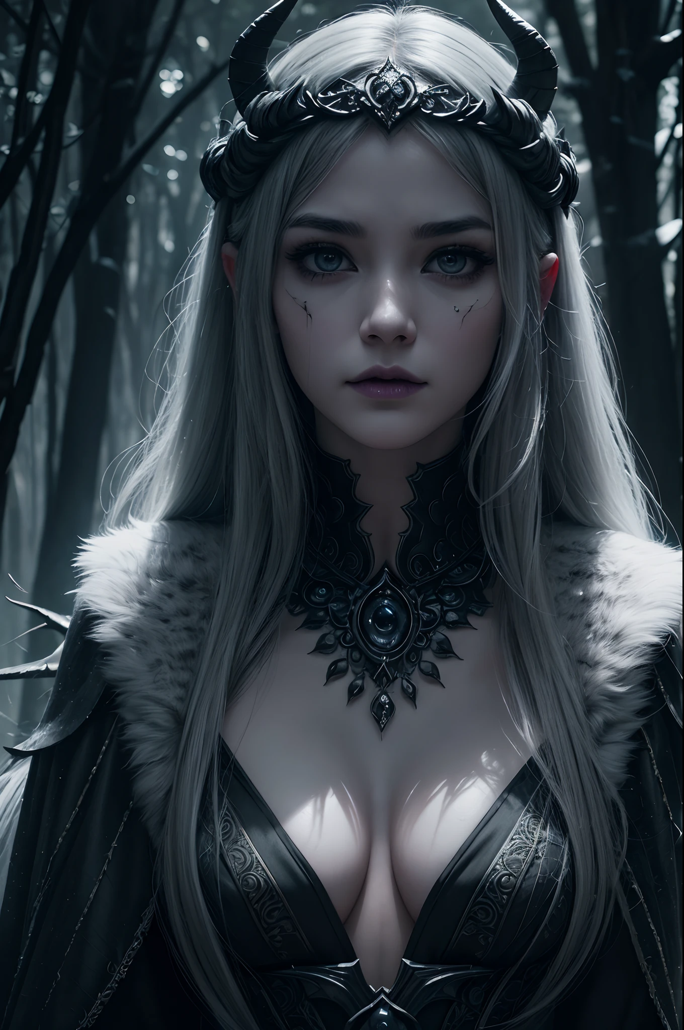 8K,(((Goddess of Death in the Underworld)))、Fangs visible from the mouth,Trees and leaves on the body、Gray cracked skin、banya、Demon's Eye、natural skin textures、Natural fur texture、24mm、4k texture、Soft Cinematigraphs、Adobe Lightroom、PhotoLab、HDR、Convoluted、elegent、ighly detailed、foco nítido、((((Cinematic Look))))、Calm tones、Insane details、intricate detailes、ultra-detailliert、Low contrast、Soft Cinematic Lights、dim colors、exposure blend、HDR、Faded,Evil mouth,enticing,超A high resolution,Purple Magic Circle,