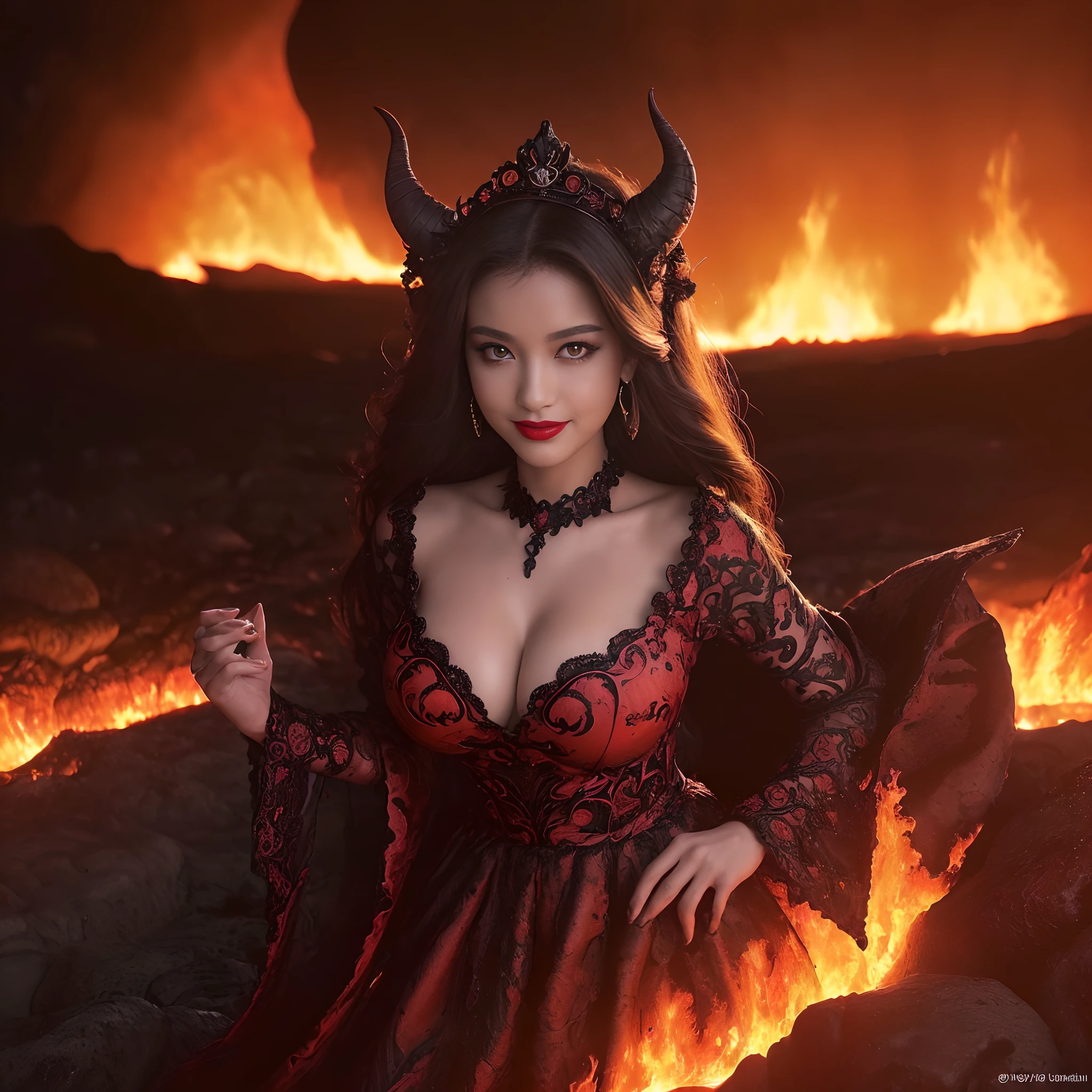 ((A very beautiful demon queen,Luxurious Long Dress Skirt,A detailed face,A large amount of lava flows in the background,Lava flowing in large quantities,Giant Devil Tiara,Big Princess Dresses,Final form as a complete demon,The Devil's Masterpiece,Huge and intricate demon wings,Big Devil's Horn,Realistic and big horns,Creepy horns,Wings with a very elaborate texture,Wings with a very complex texture,Creature wings with a very realistic texture,Wings of a terrifying monster,The most intricate and luxurious gothic dresses,Bright red lipstick,Mouth dripping with blood,Red Eyes,The most gorgeous princesses dress up with achievements,The most beautiful princesses in the world,Spooky and beautiful demons,The cutest face,Intricate and solemn black dress,The background is intricate and detailed volcanic lava, Evil and beautiful demon,The most majestic appearance of the Demon Queen,Huge Queen Tiara,The most complex depictions of demons,Accurate reproduction of perfect demonic details,The appearance of an unimaginably gorgeous demon,The unimaginably huge and beautiful appearance of the demon)),((Lava erupts violently,Lava splashes,Glowing lava,Sea of lava,lava river,Lava flowing out in large quantities,Stand in the crater of a volcano,Realistic and complex lava)),((Most beautiful face,Half Japan and half Spanish,The happiest smile,Beautiful wavy hair,The most luxurious and intricate dresses,The biggest smile staring at the camera)),(eyes glowing red,Glowing red eyes,Glowing red eyes)),Chest that seems to burst,A dress that tightens the waist,Slimed,Colossal tits,Emphasize body lines,Giant wings of the devil,masutepiece,8K,very intricate,ultra-detailliert