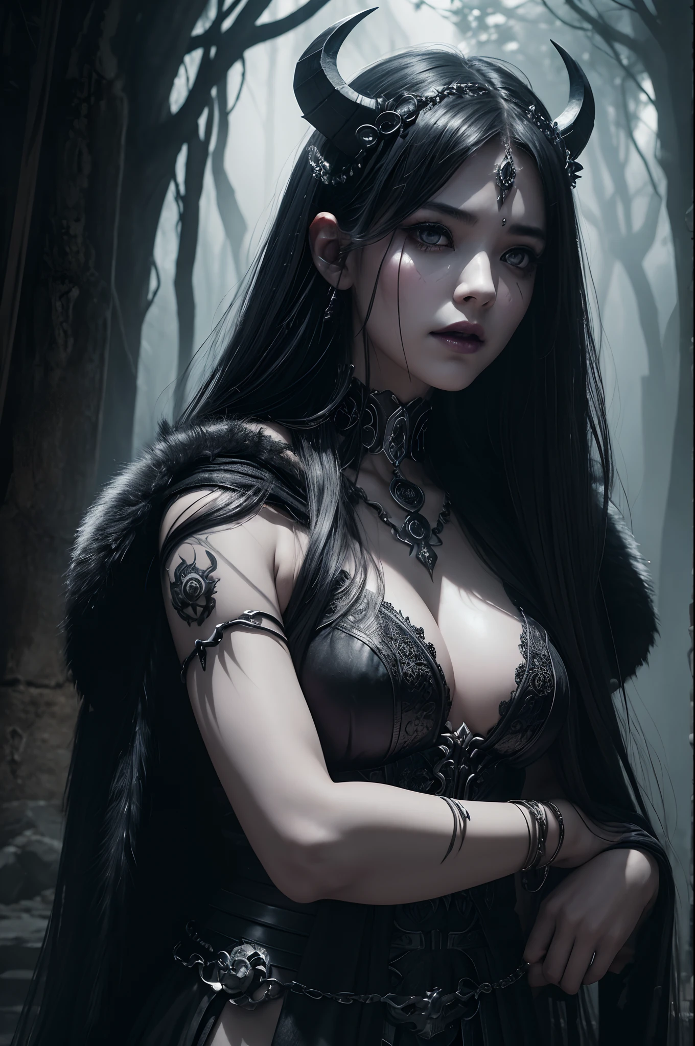8K,(((Goddess of Death in the Underworld)))、Fangs visible from the mouth,Trees and leaves on the body、Gray cracked skin、banya、Demon's Eye、natural skin textures、Natural fur texture、24mm、4k texture、Soft Cinematigraphs、Adobe Lightroom、PhotoLab、HDR、Convoluted、elegent、ighly detailed、foco nítido、((((Cinematic Look))))、Calm tones、Insane details、intricate detailes、ultra-detailliert、Low contrast、Soft Cinematic Lights、dim colors、exposure blend、HDR、Faded,Evil mouth,enticing,超A high resolution,Purple Magic Circle,