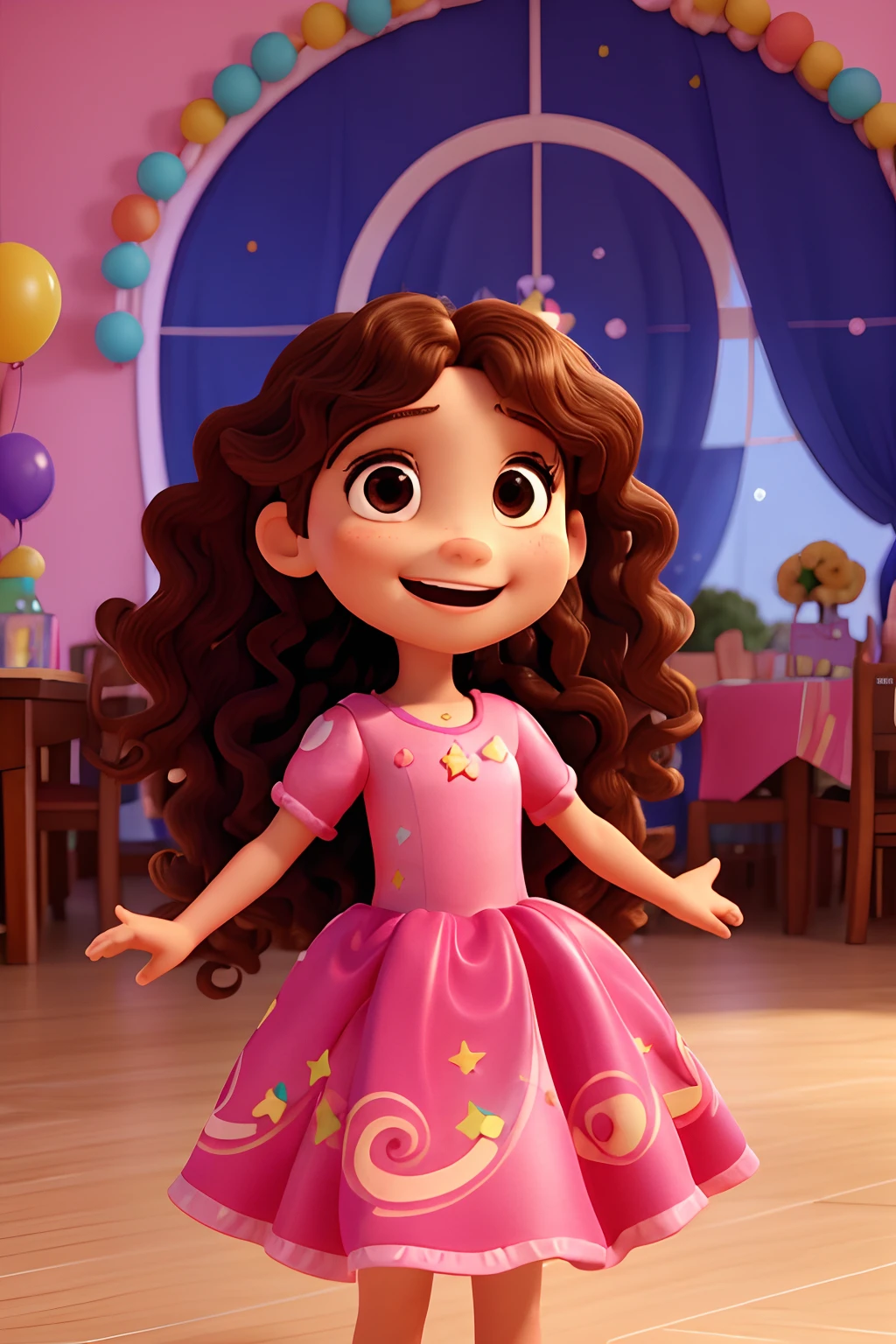 Estilo 3D pixar, 9 year old girl with long curly hair wearing birthday party dress, feliz, With open arms and with a smile on his face, olhos pretos, pele morena. In the background, a birthday party, com uma mesa com o bolo  decorado e doces