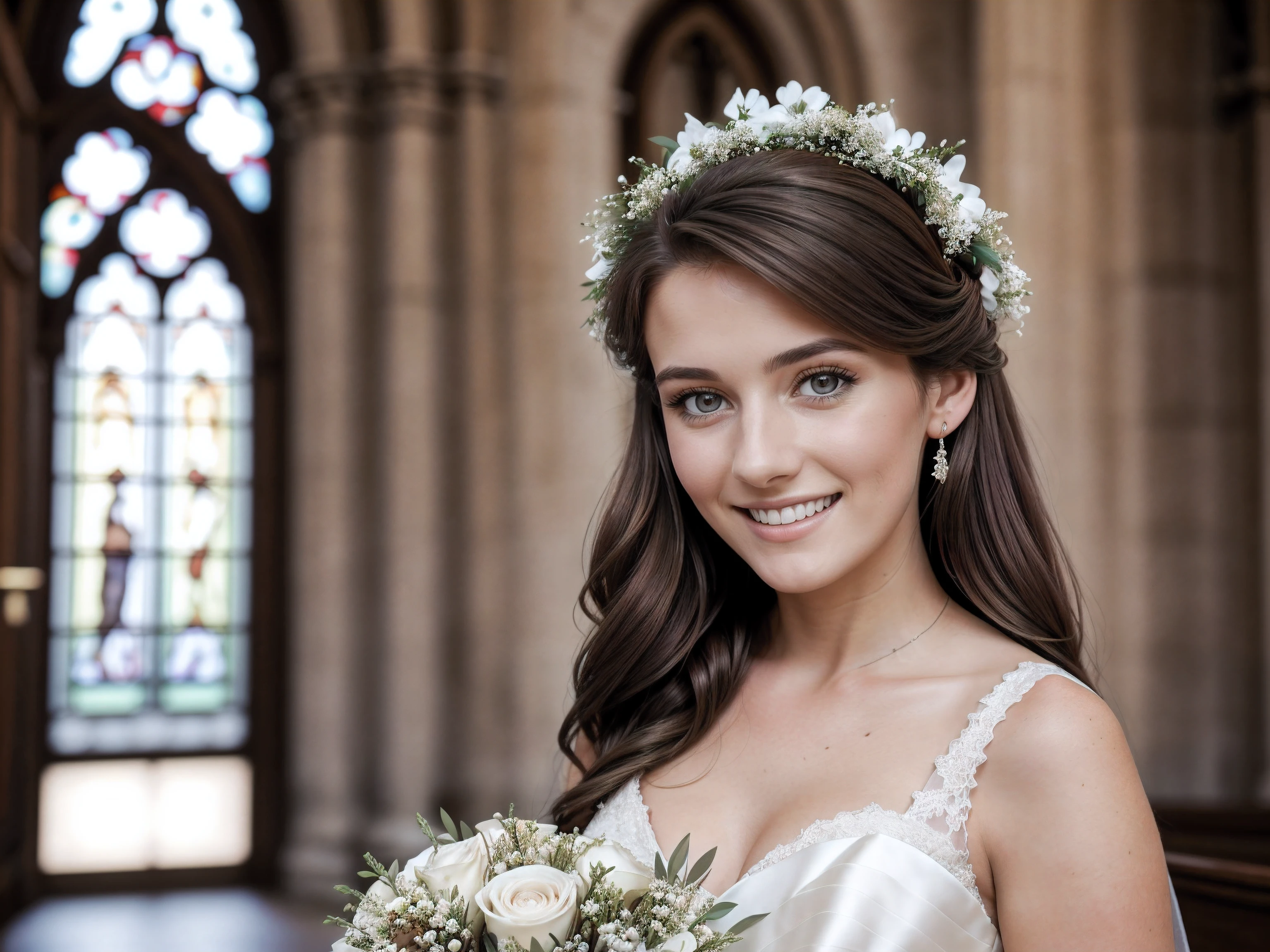 (close-up editorial photo of 22 yo woman, brown hair, slim French sweetheart), wearing a wedding dress, holding flowers, looking really happy, Blurred background outside a church, high quality, good lighting, f1.2, Canon 85mm, perfect, detailed dress, white wedding dress, detailed sticking.