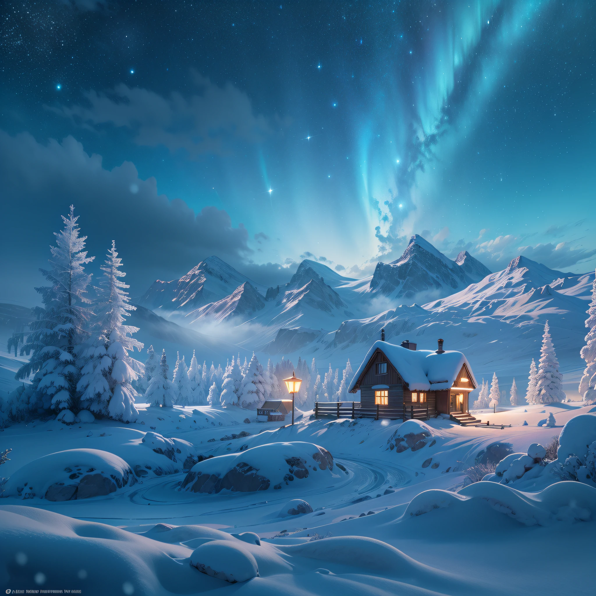 Starry night, Rime landscape，(Snow-capped trees)，Frost mist，Northern Lights, Towering snow-capped mountains, bonfires，cottage house covered in snow,A snowy hideaway, reindeer,yukito,sled,Winter wonderland,Vibrant colors, ​​clouds,Mist,New Moon,milky ways, Subtle shades of blue，Breathtaking landscapes, Icy cliffs, Frozen lake, peacful, Majestic beauty, ethereal glowing, A miracle of nature, Peaceful solitude, Celestial wonders, vast, Natural phenomena, Silent night, Serene reflection, glittering stars, Mysterious charm （best qualtiy，4K，8K，Tall structures，tmasterpiece：1.2），ultra - detailed，（realisticlying，photoreali，photograph realistic：1.37），hdr，hyper HD，studio lit，Extreme detail description，physically-based renderingt，professinal，Vivid colors。