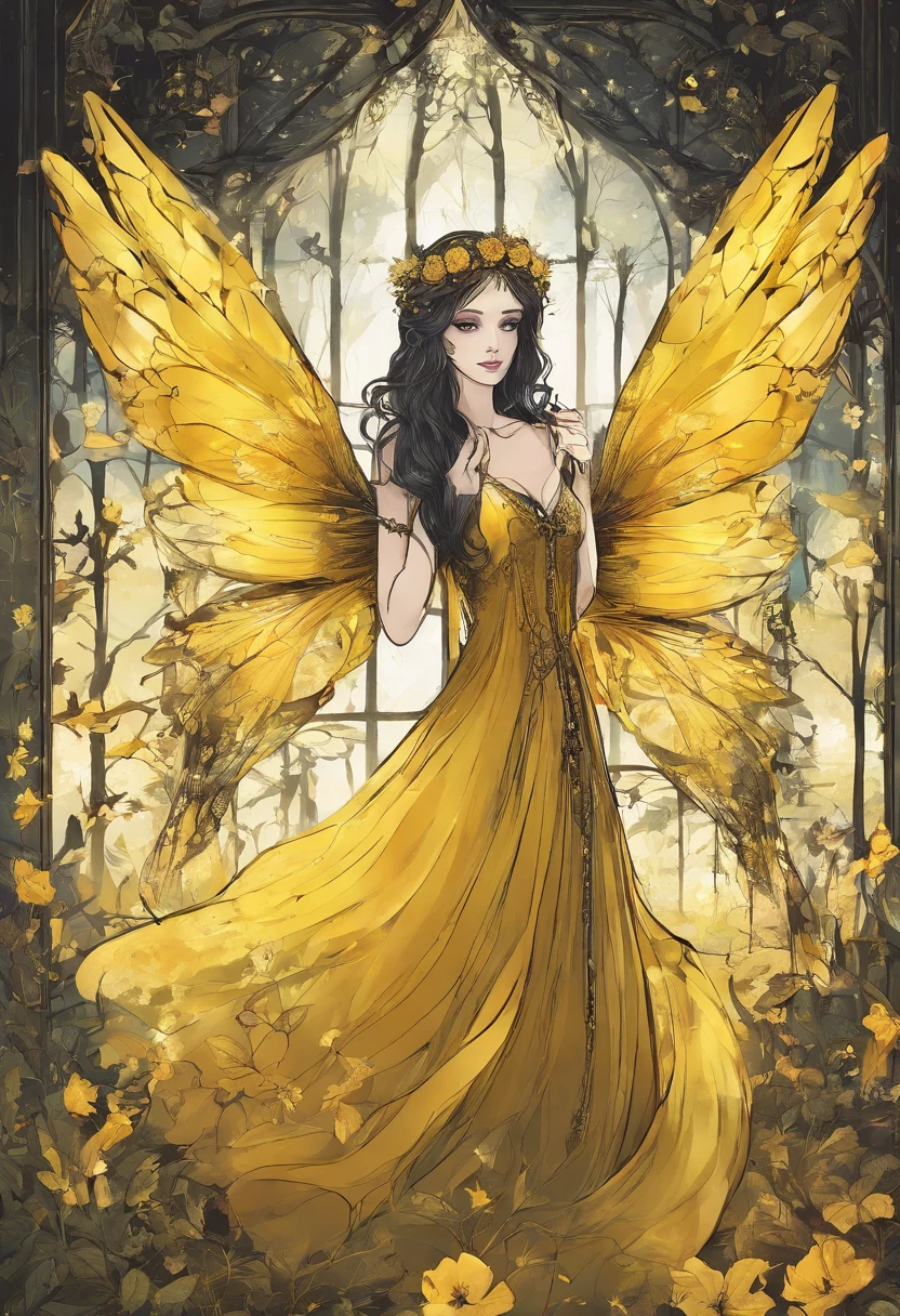 little fairys,The transparent wings of the little fairy,Flying,Yellow dress,,Full body like,Meadow woods,(refractions,Reflection:1.3),Scratch the surface,Faraway view,Long shots