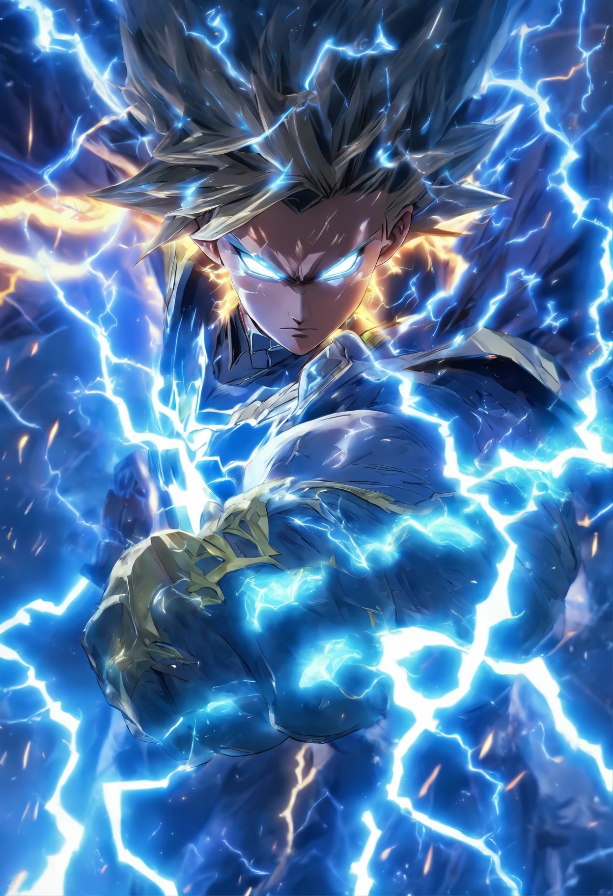 (Masterpiece), (best qualtiy), Cinematic quality,rendering by octane,Ultra-detailed details,1 man,Face of a young man,Detailed portrayal of the face,Perfect facial features,raiden,salama,Lei Yikai,spatter,erupting,blasts,Particle,Lightning current body,Lightning beam, gazing, watch audience, A cloak that covers the whole body, (Armed with a lightning knife:1.2), (Behind him,It's a thunderbolt dragon:1.5)