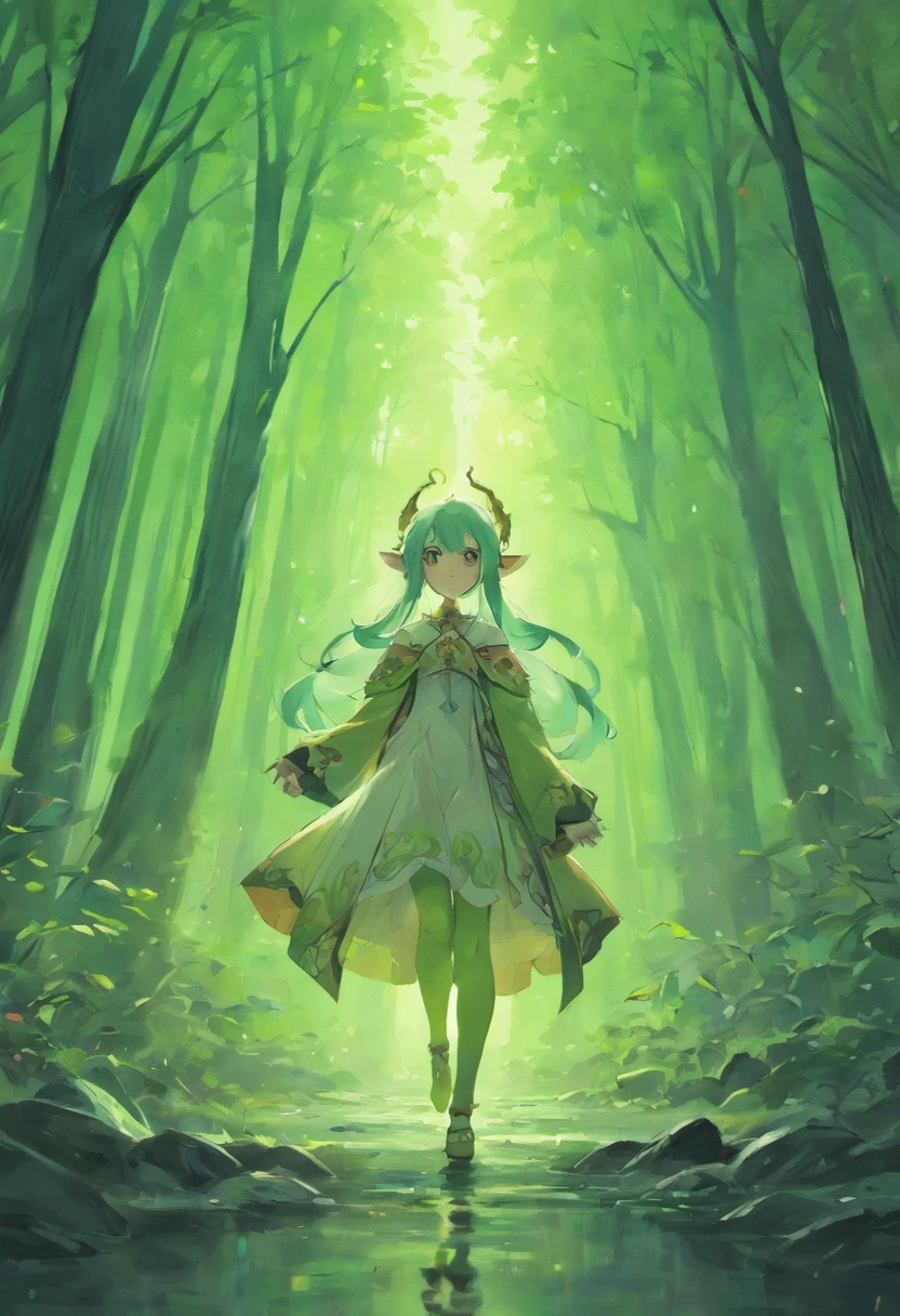 1elf,Point your finger at the monster,A wolf lunges at the monster,ln the forest,Faraway view,Long shots,(refractions,Reflection:1.2),(Trans clothing 1.1)