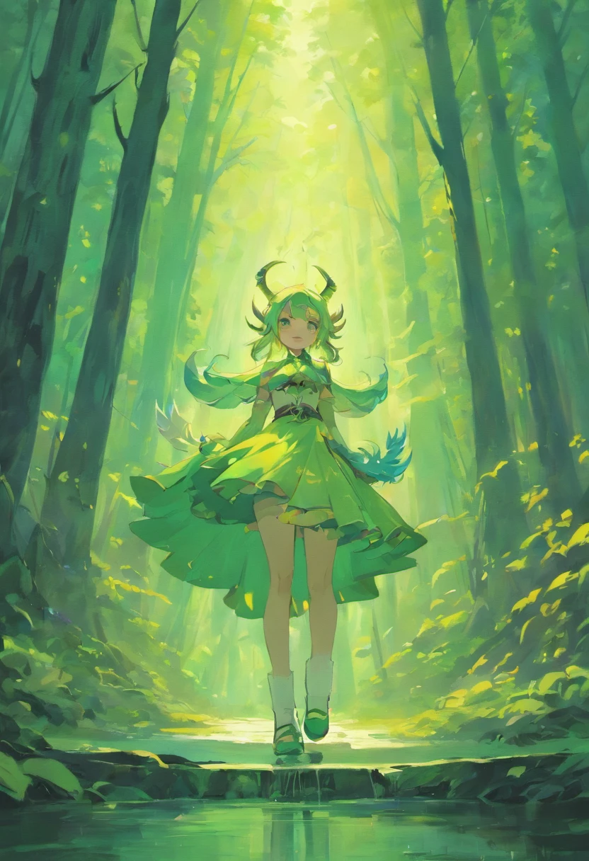 1elf,Point your finger at the monster,A wolf lunges at the monster,ln the forest,Faraway view,Long shots,(refractions,Reflection:1.2),(Trans clothing 1.1)