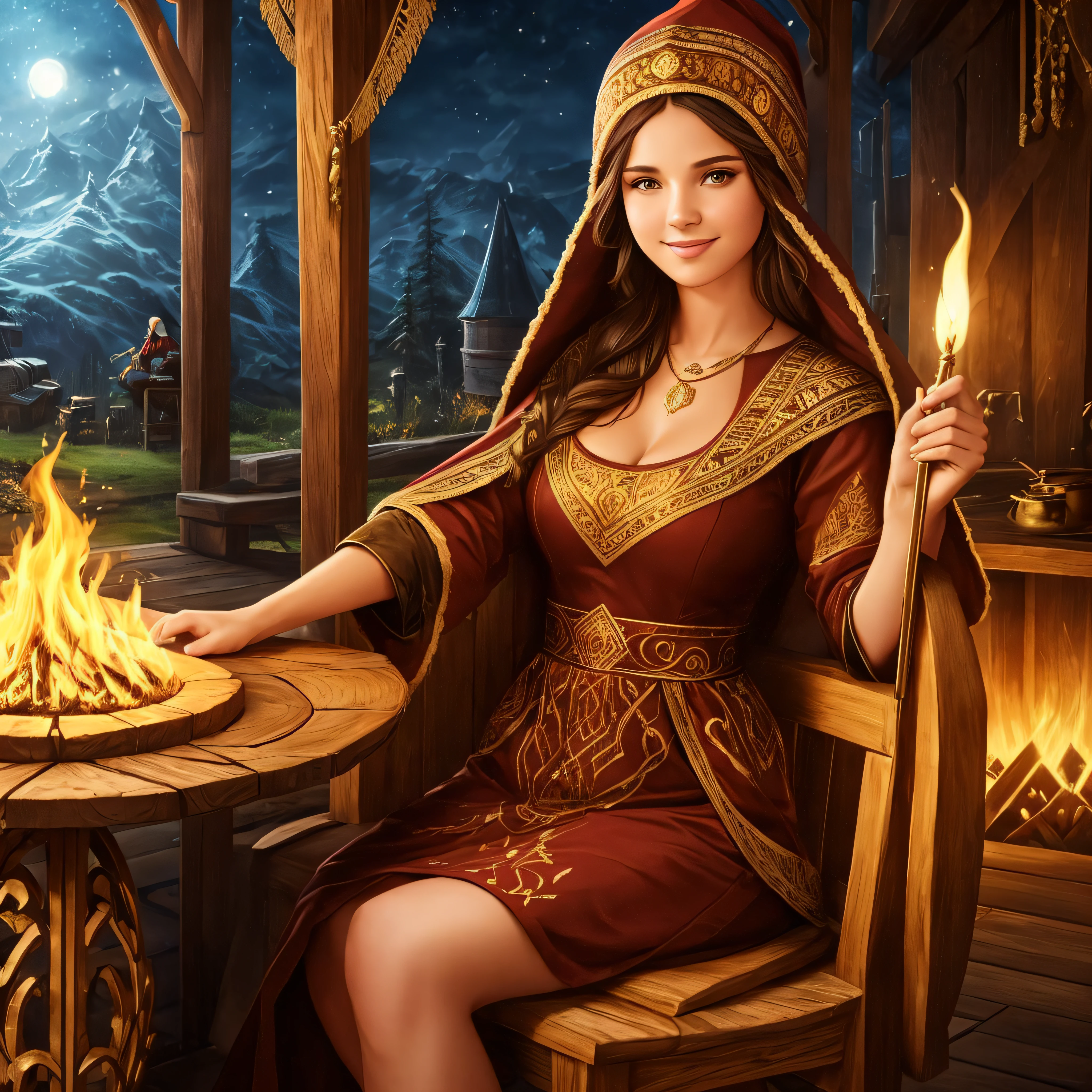 a one woman, Russian Sorceress, Brown dress with gold patterns, Smiling, Average Breasts, full face, Beautiful beanie on her head, is looking at the camera, Holding a magic wand in his hands, a closeup of a, Hi-Def, Sitting on a carved wooden chair, camp fire, Warm Summer, Photo from knee level, Against the background of the house, Fantasy