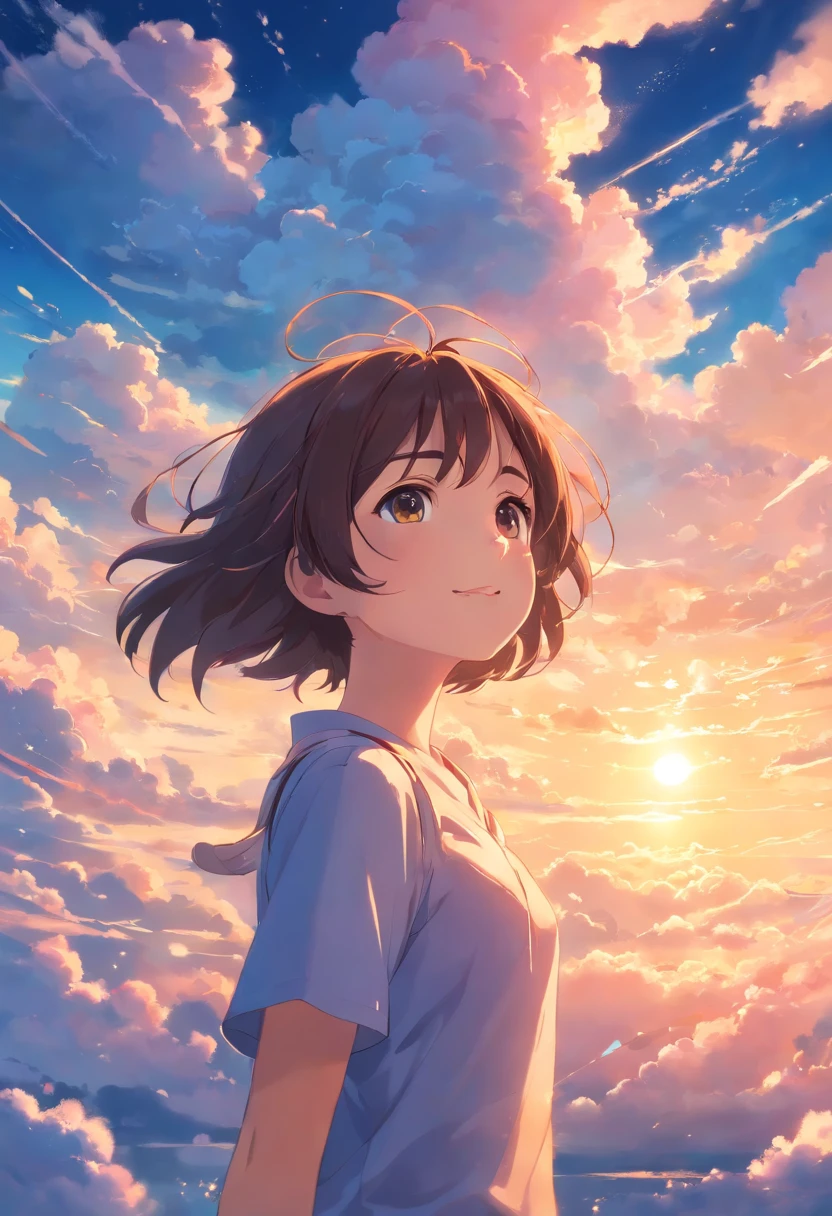 masterpiece, best quality, movie still, 1girl, cloud girl, floating in the sky, close-up, bright, happy, warm soft lighting, sunset, (sparks:0.7)