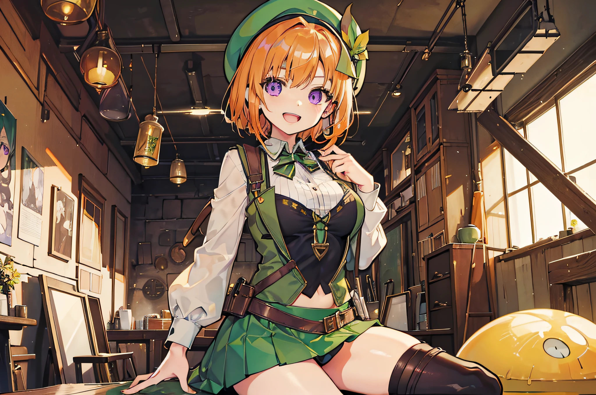 (soio)　Green beret　Brown boots　Open leg sitting　Green clothes　big breasts　Inside the atelier　The tips of the hair are bouncing outward　Orange short bob hair　17 year old girl　Green and white alchemist's clothes　Cute open-mouth smile　Purple eyes　a miniskirt　Enchanted thighs　Superior anatomy